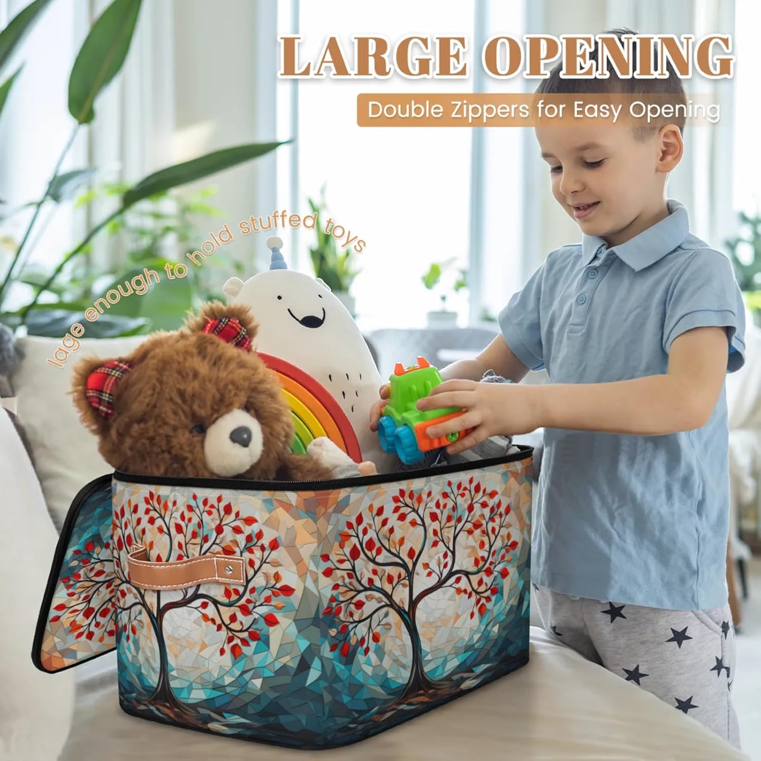 Storage Bin Set of 2 Abstract Tree Storage Basket with Zipper Lid & Handle Foldable Closet Shelf 2 Pack Cloth Organizer Basket Cube Bins Clothes Organizer for Nursery, Bedroom