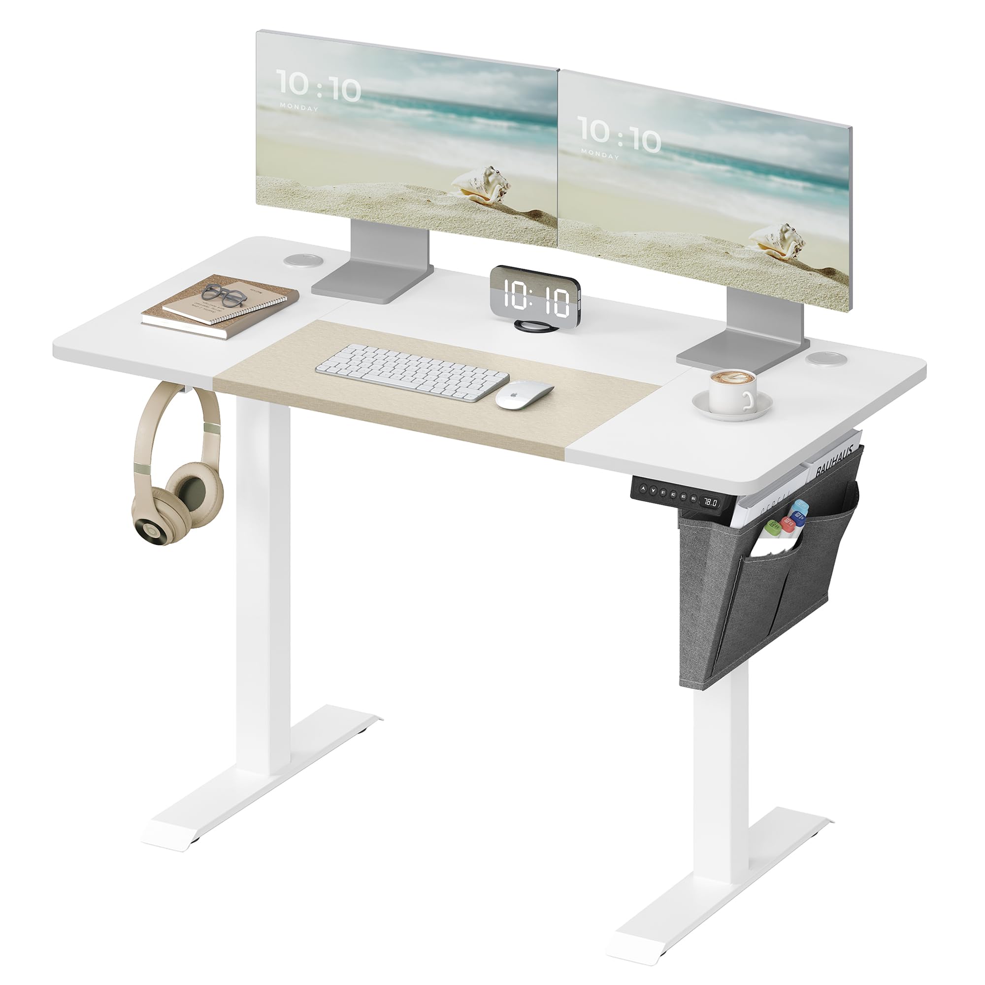 SONGMICS Elektrisch in hoogte verstelbaar bureau, 60 x 120 x (72-120) cm, traploos verstelbaar, gesplitst blad, geheugenfunctie met 4 hoogtes, basic wit-beige LSD015W01