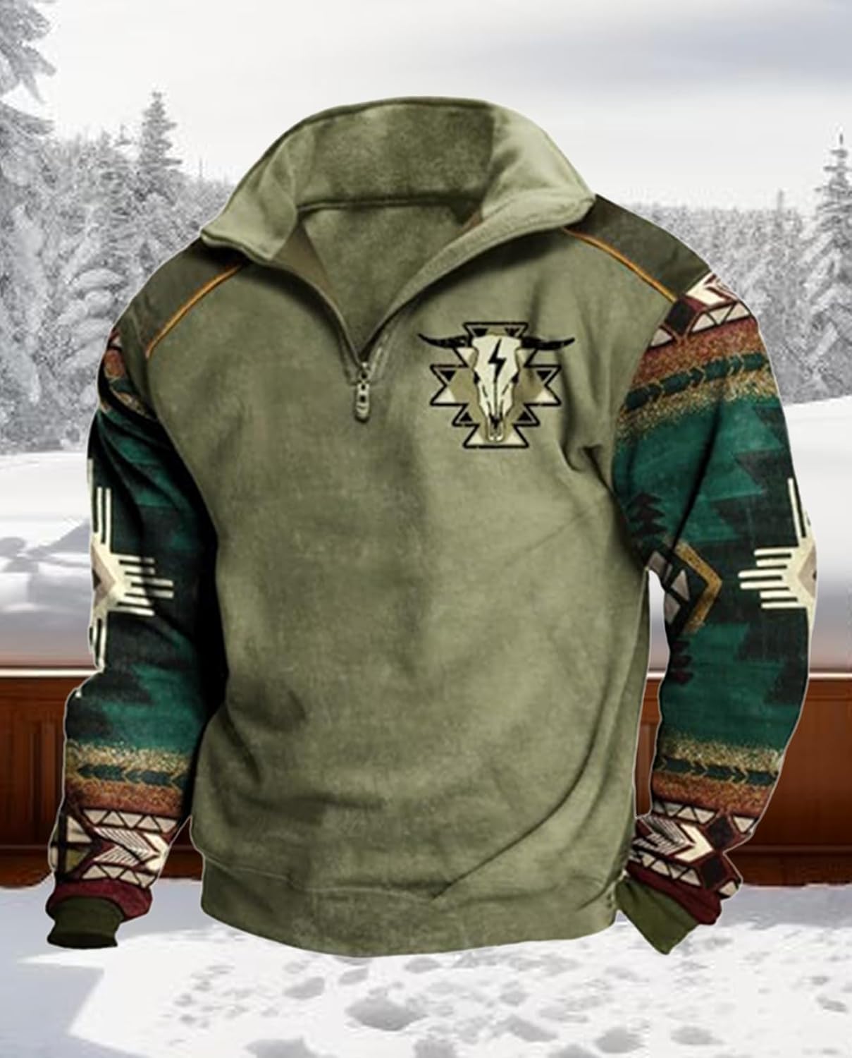 Zhyaj Western Sweatshirts for Men Aztec Ethnic Print Quarter Zip Pullover Fleece Hoodies Casual Stand Collar Sweatshirt - Image 4