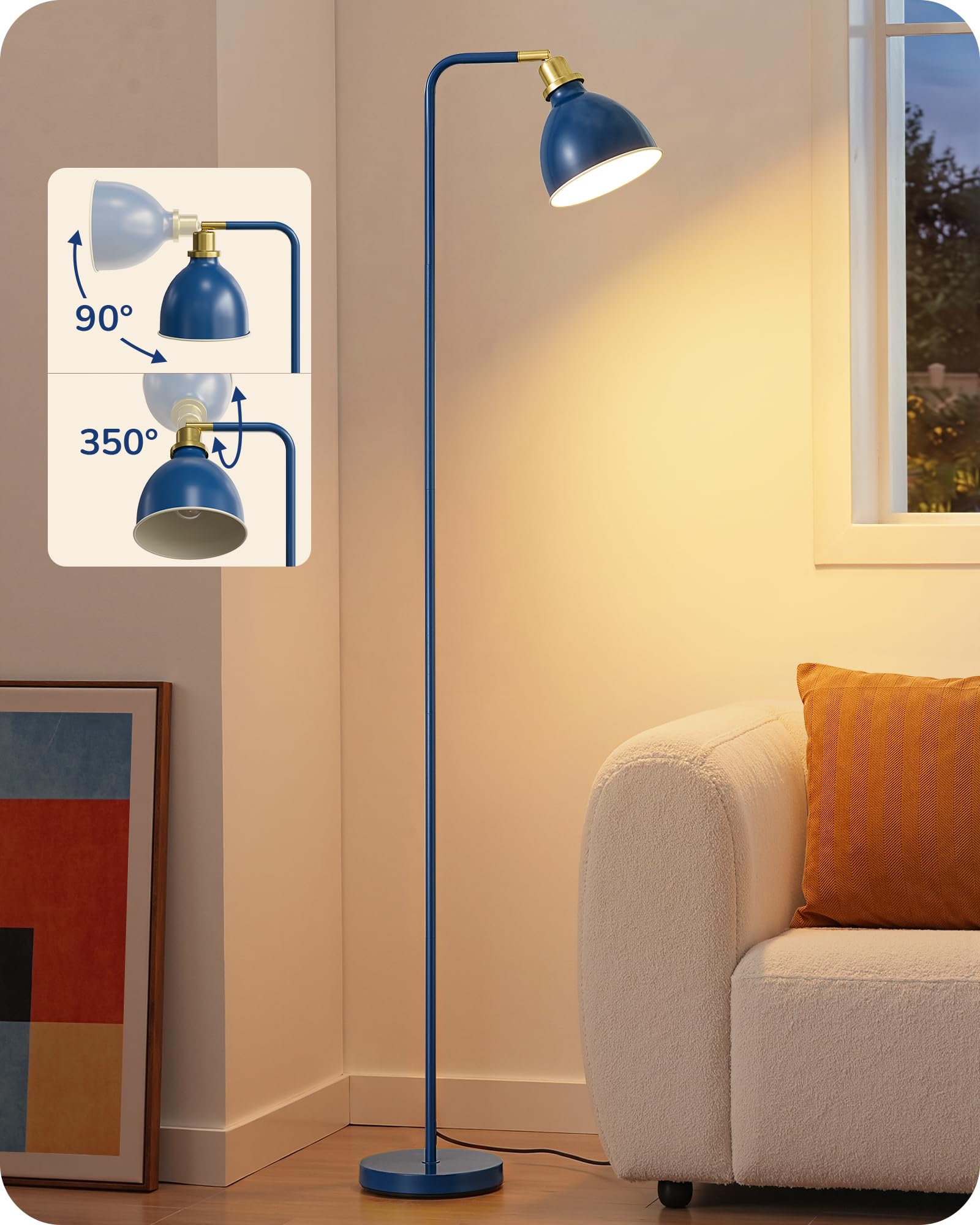 EDISHINE 155CM Retro Floor Lamp, with Adjustable Lampshade, Navy Blue