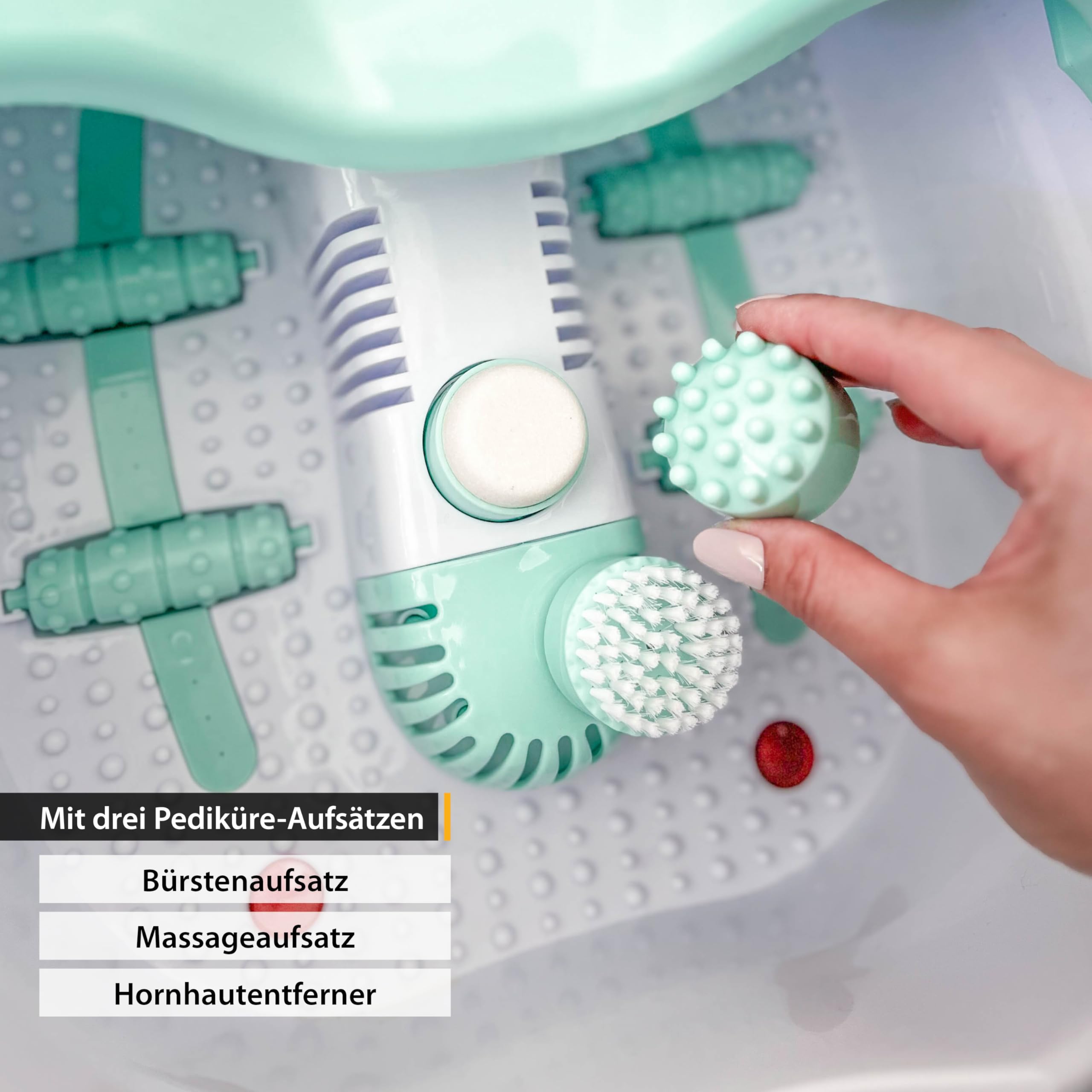TZS First Austria - Fußbad mit Massagefunktion - 80W - Rotlicht & Warmhaltefunktion - Bis Schuhgröße 43 - Elektrisches Fußsprudelbad mit 3 Aufsätzen & Aromabox - Klappbarer Griff - Türkis