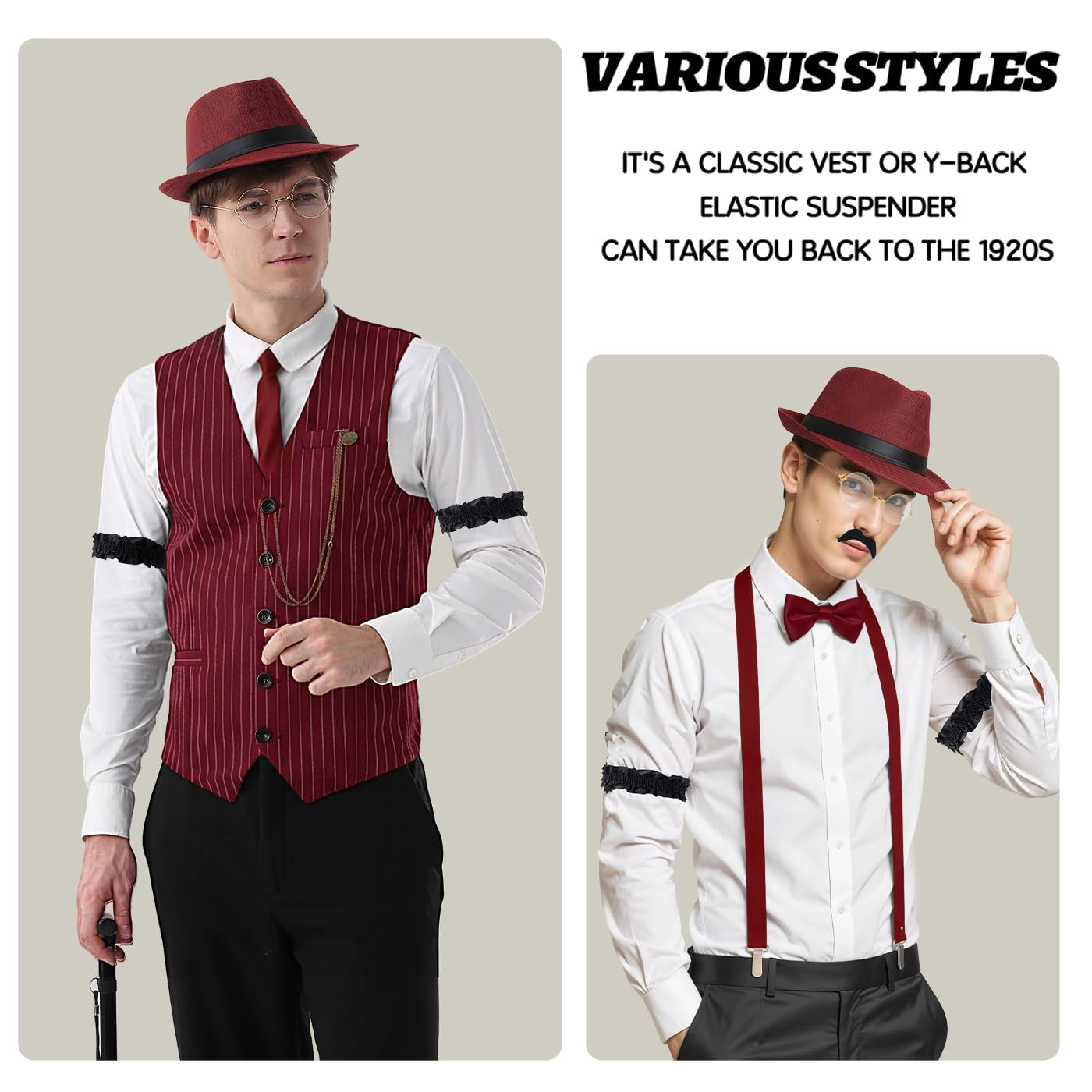 WILDPARTY Kostium męski w stylu lat 20. XX wieku, kamizelka z akcesoriami, szelki, zegarek kieszonkowy, broda, okulary, szpilka do krawata, do kostiumu mafii w stylu lat 20., gangster Peaky Blinders