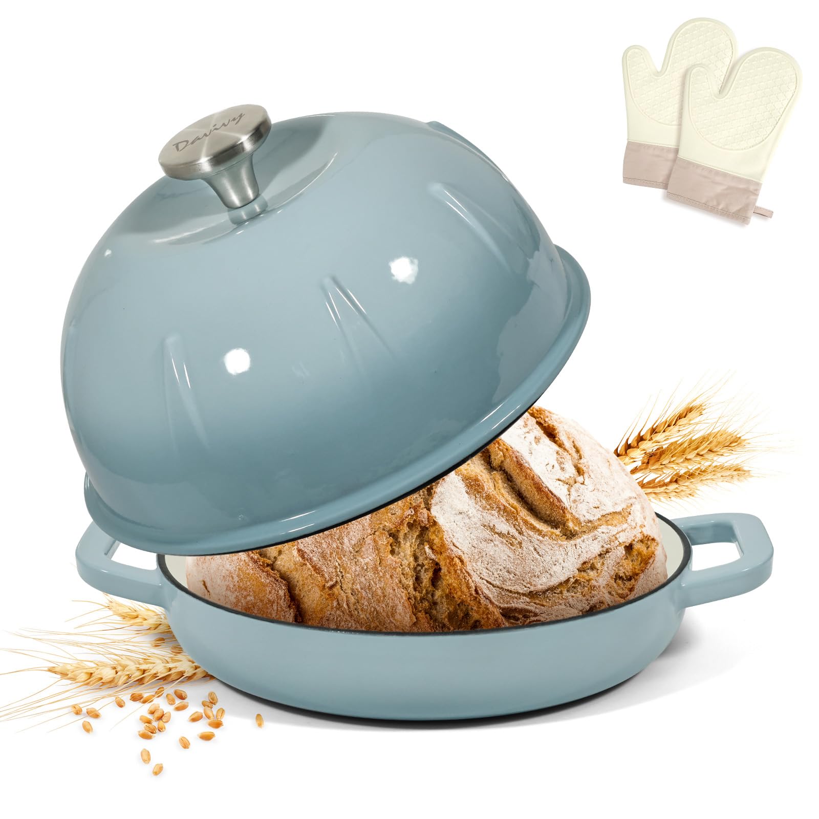 Davivy Emaliowany żeliwny piec holenderski 5 l do chleba na zakwasie, holenderski garnek do piekarnika z wypukłą pokrywką, żeliwny garnek do chleba - z rękawicami kuchennymi, sól morska niebieska