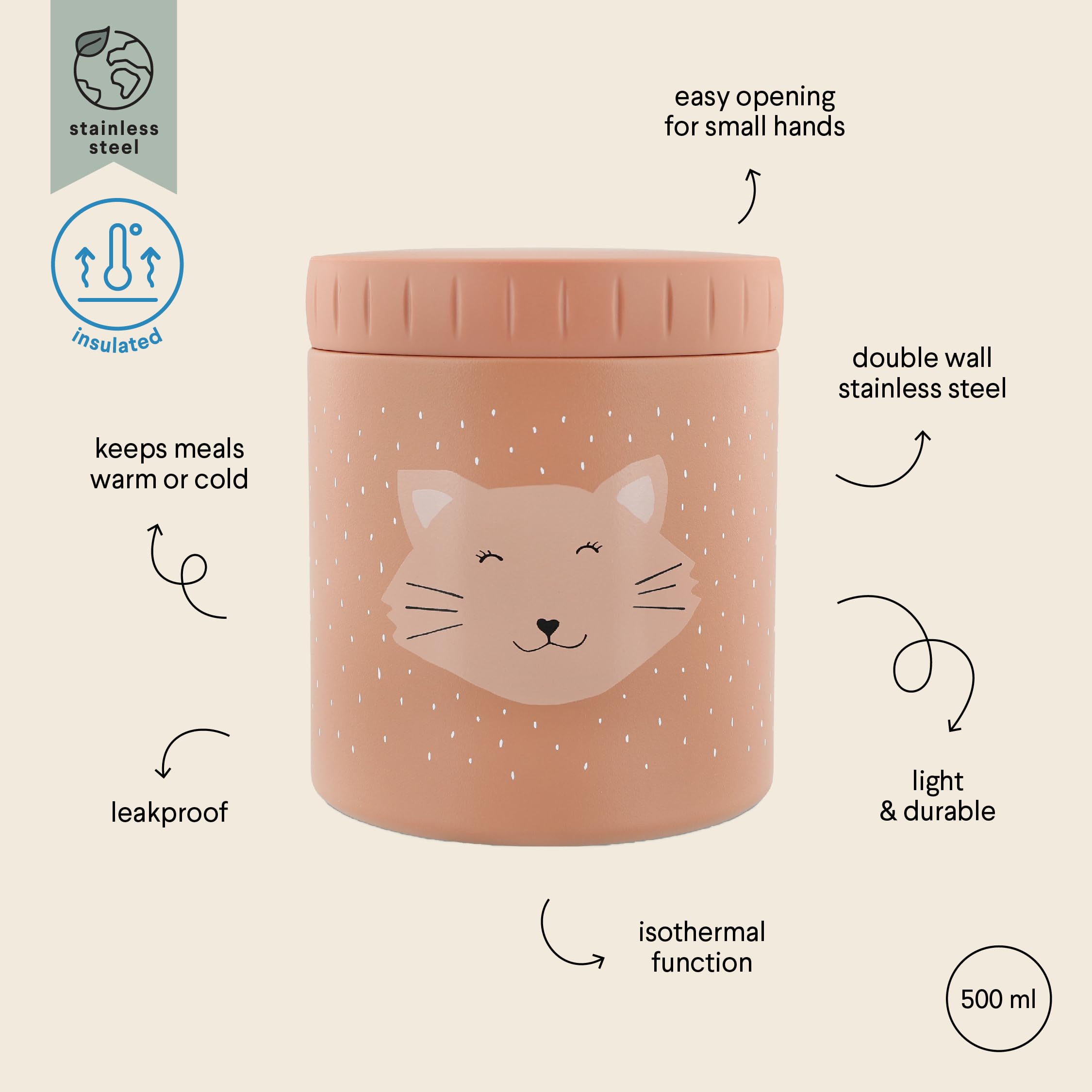 Trixie - Scatola termica per il pranzo in acciaio inossidabile da 500 ml - Contenitore alimentare per il pranzo e il gusto (Mrs. Gatto (Gatto))