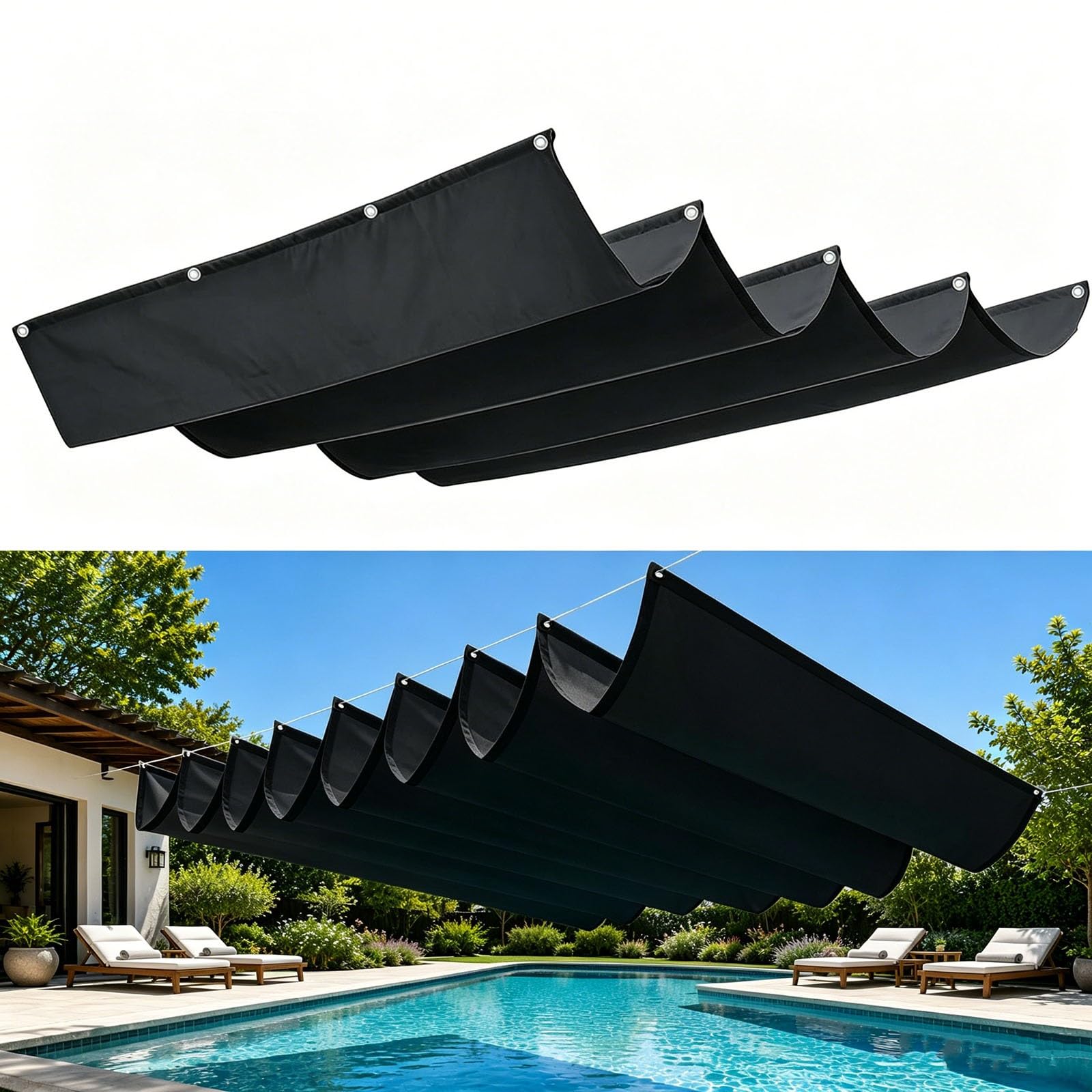 Voile d'ombrage rétractable vague 0.8x4.25m imperméable noir pour la terrasse