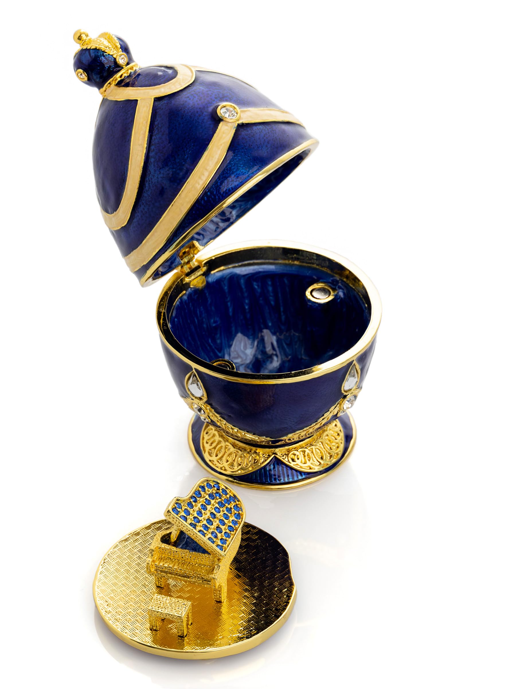 Keren Kopal Huevo de Fabergé azul con piano dorado, caja sorpresa hecha a mano, regalo para pianista