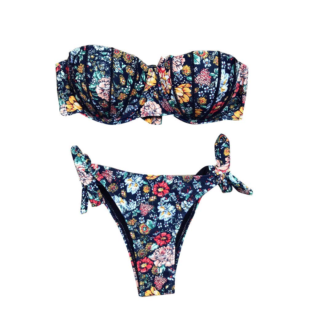 Conjunto de bikini para mujer, estampado en el pecho, a la moda, acolchado, sexy, flores, dividido, color azul marino, talla L