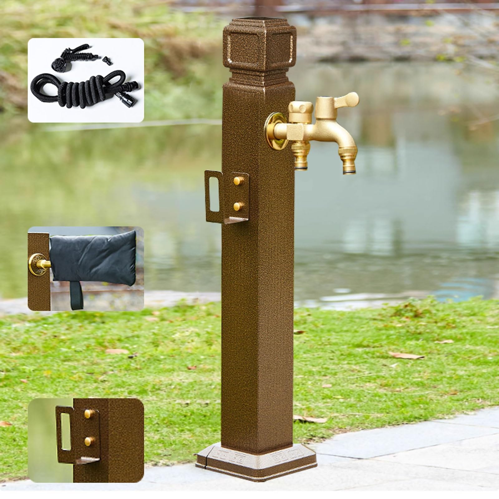 BHGFYXBS Retro Outdoor Water Fountain - Freestanding Garden Hose Holder With Aluminum Alloy Faucet, Water Column For Courtyards, Brown Color, Waterfall Discharge Design,Brown-H 60cm/23.6