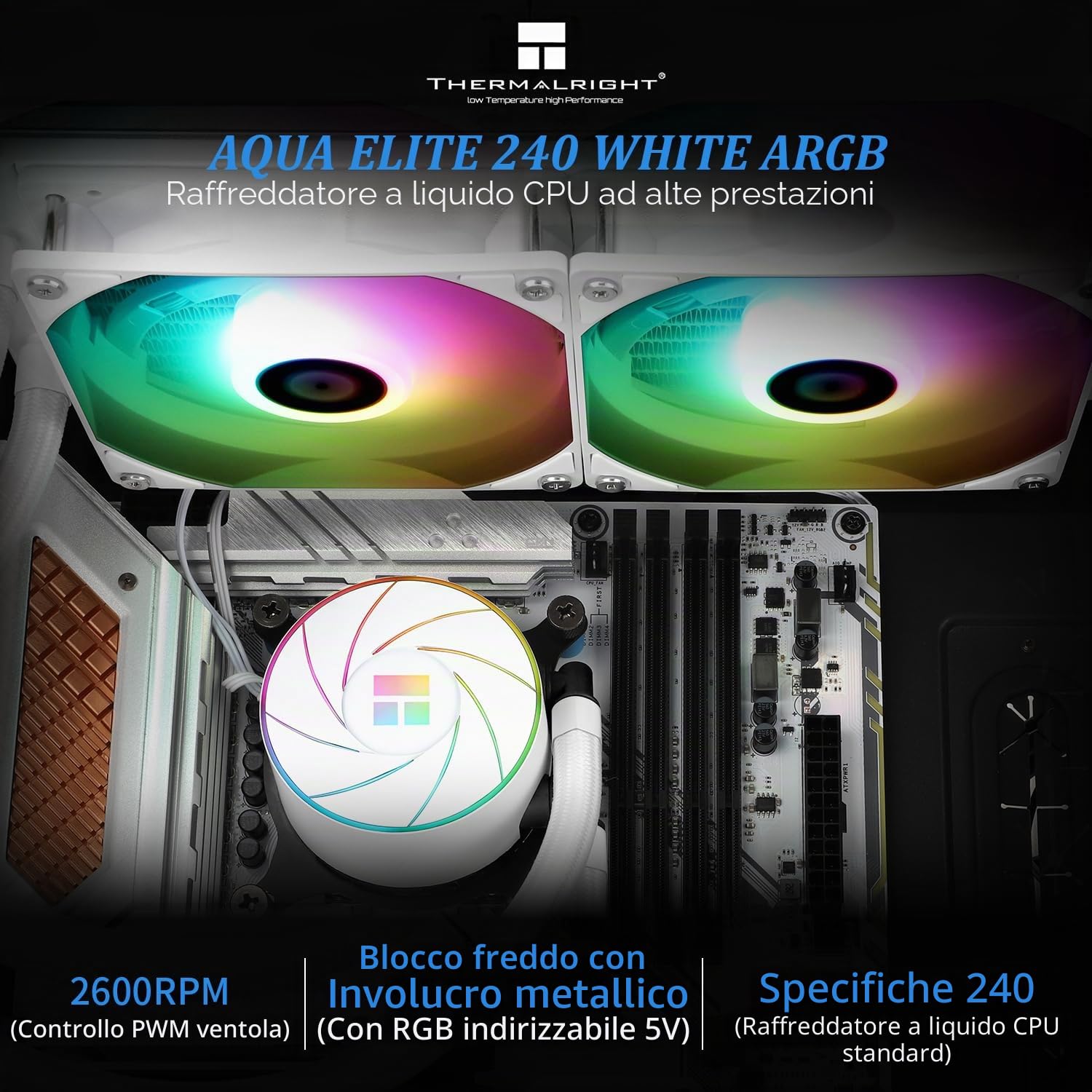 Thermalright Aqua Elite 240 - Refrigeratore ad acqua per CPU ARGB, con doppia ventola PWM ARGB da 120 mm, velocità 1550 giri/min, per AMD/AM4/AM5 e Intel LGA1150/1151/1155/1156/1200/2011/1700