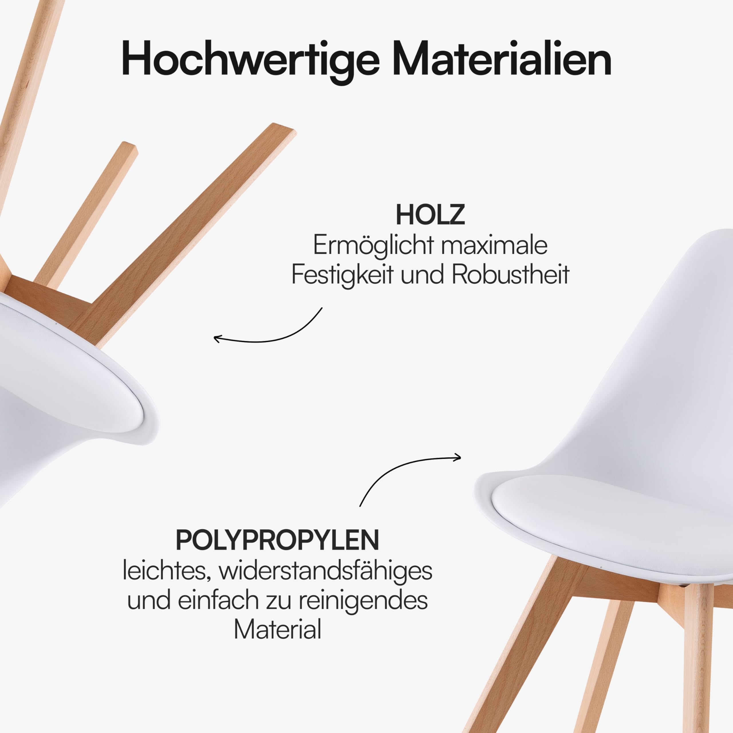 Baroni Home ESS- oder Bürostuhl mit Holzbeinen aus Buche, Ergonomischer Kunststoffstuhl mit integrierten Kissen, 50X48X82 cm (Weiß, 4)
