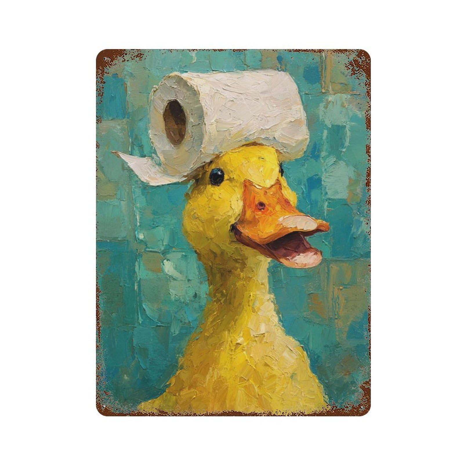 Duck with Toilet Paper Hat Aged Metal Wall Plaque 15.7"x11.8", Industrial Home Decor for Pub, Kitchen And Man Cave Decor