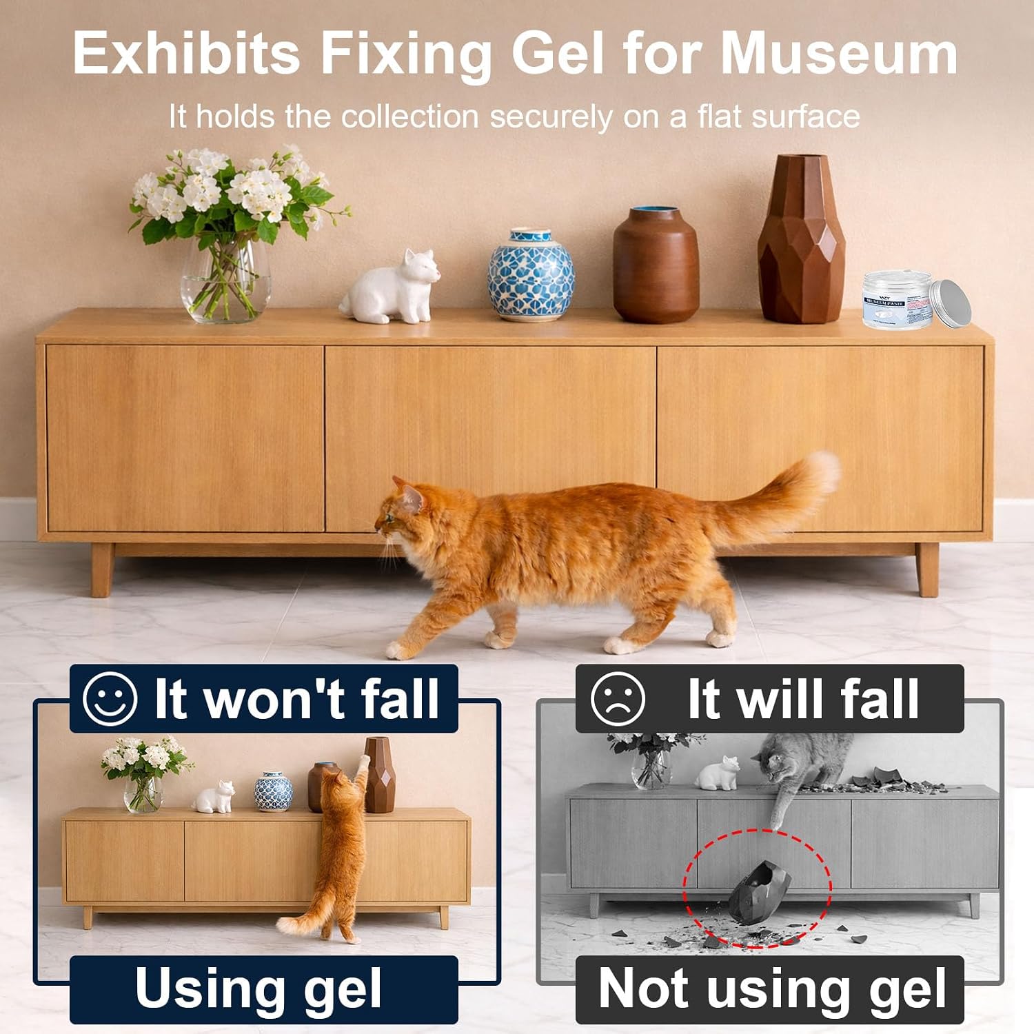 340g Exhibits Fixing Gel for Museum - Clear, Removable & Reusable Putty Wax for Securing Antiques, Glass, and Breakable Collectibles from Falling (Non-Toxic)