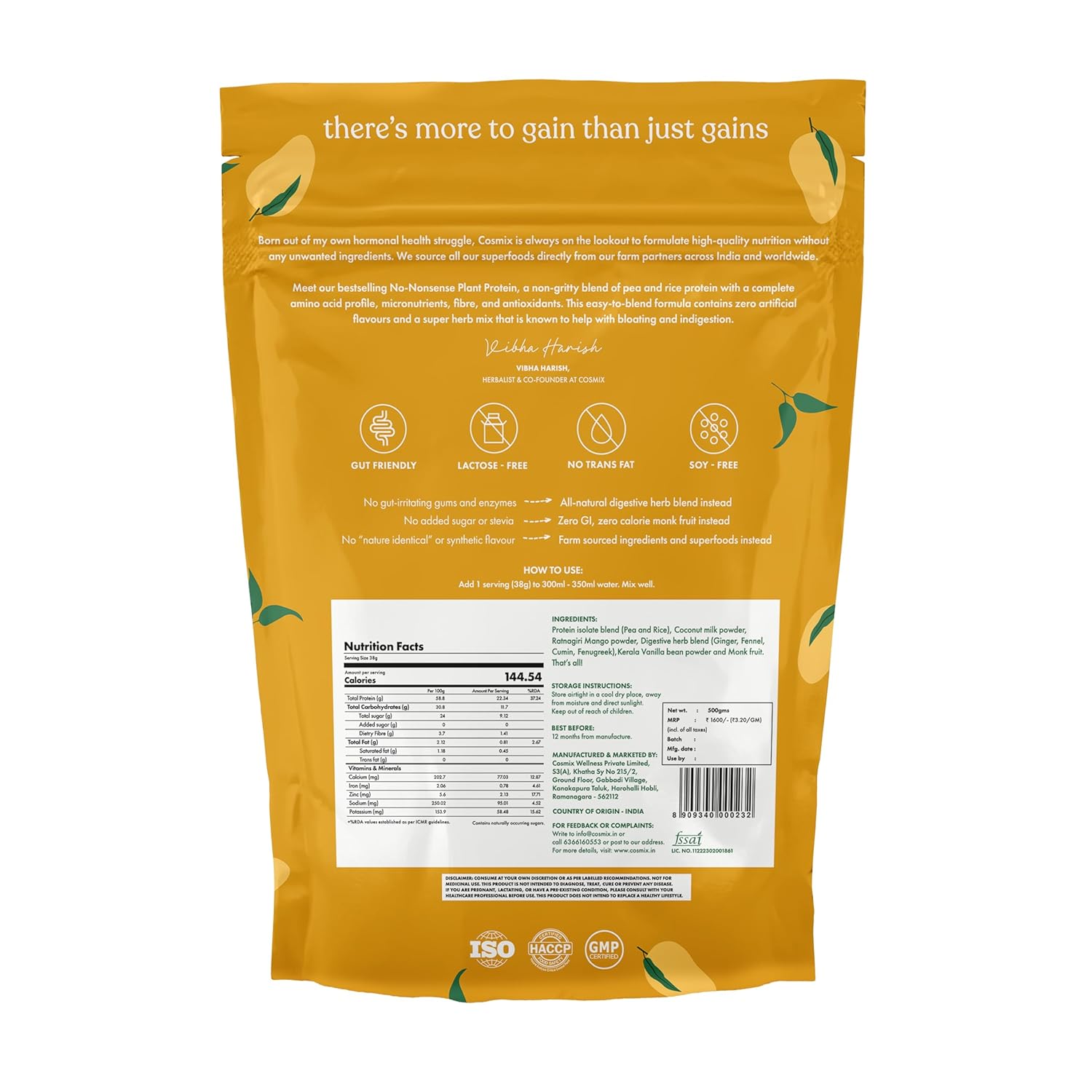 Cosmix No Nonsense Plant Protein | 23 g protein/service | Ratnagiri Mango | Peas and Rice Isolate | Easy to digest All necessary amino acids - 500 grams Cosmix No Nonsense Plant Protein | 23 g protein/service | Ratnagiri Mango | Peas and Rice Isolate | Easy to digest All necessary amino acids - 500 grams