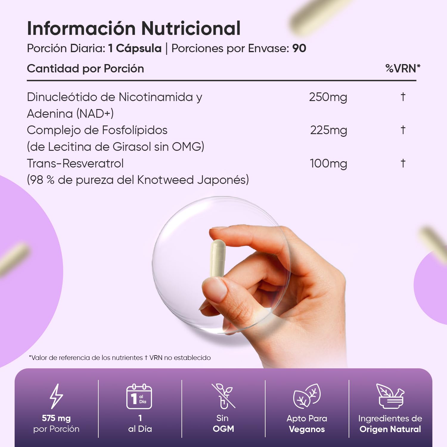 NAD Resveratrol 575mg - 90 Cápsulas Veganas con Complejo de Fosfolípidos - 3 Meses de Suministro, Fórmula con NAD Resveratrol 98%, Sin OGM ni Gluten