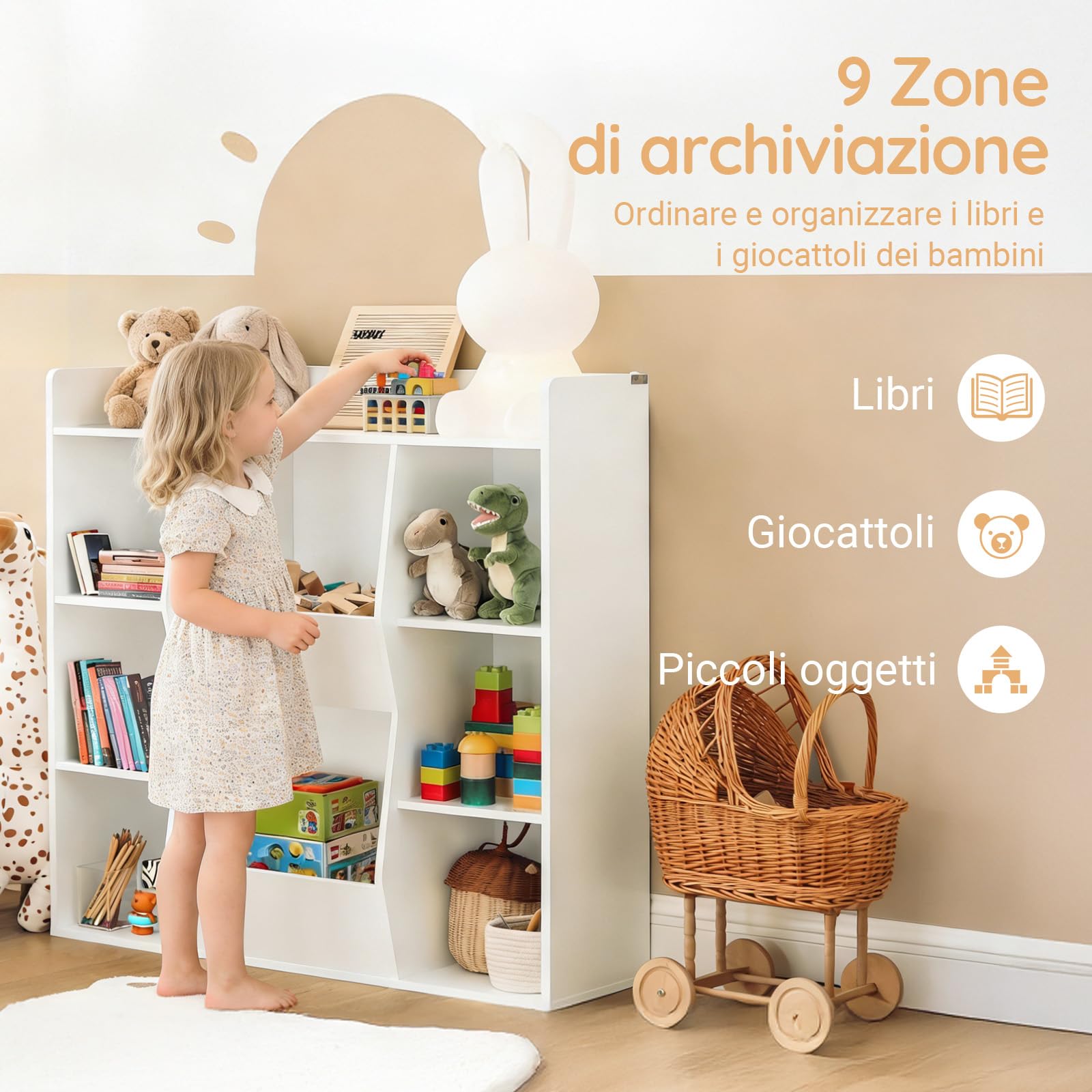 SoBuy Libreria Montessoriana per Bambini - Scaffale Portagiochi con 8 Scomparti Aperti - Libreria da Terra per Cameretta 106x30x104 cm Bianco KMB55-W