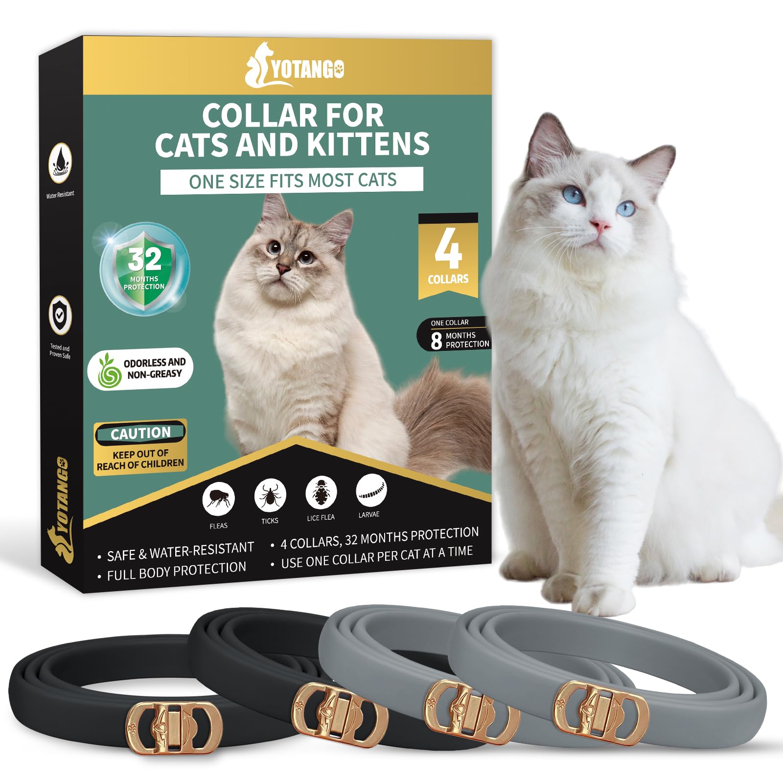 YOTANGO Collar Antipulgas Gatos, 32 Meses de Protección Collar Antipulgas para Gatos, 4 Pcs Collar Antipulgas y Garrapatas para Gatos, Collar Antiparasitario Gatos(Negro y Gris)