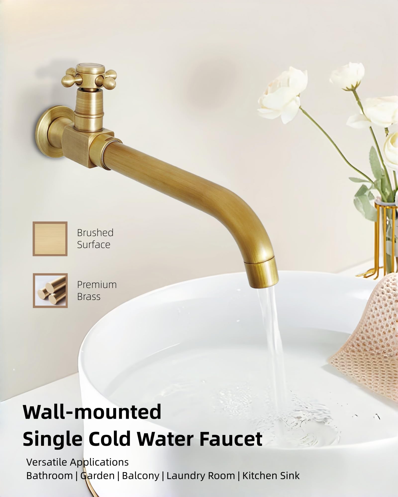 Kaltwasserhahn Wandmontage Messing Antik 360° Schwenkbar 24 cm | Wandmontierter Wasserhahn Messing mit langem Auslauf, Einhebel Wandarmatur für Bad, Garten, Balkon, Außenbereich