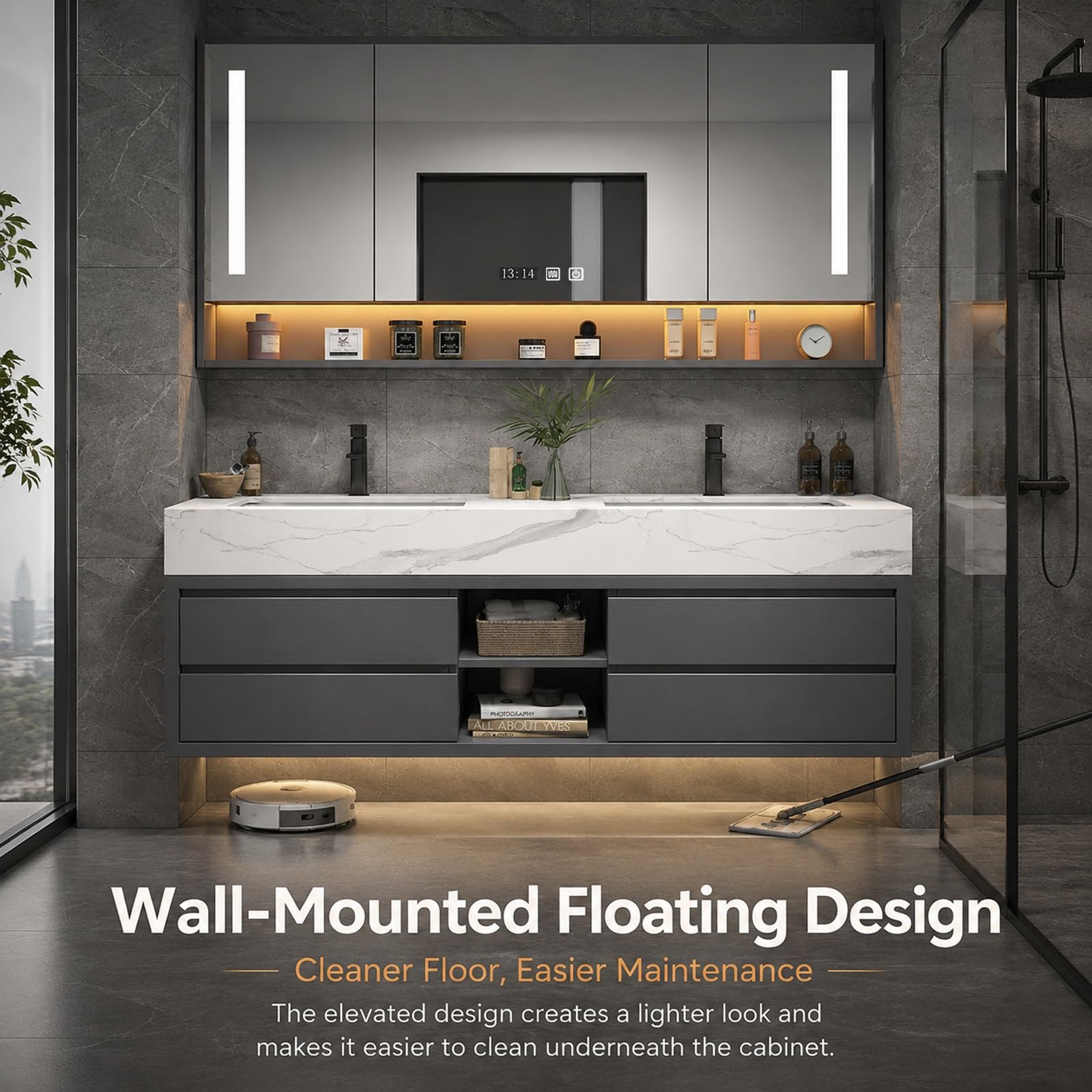 Mobile Bagno con Lavabo, Mobile Lavabo Bagno con Specchio Contenitore Smart HD, Piano in Pietra Sinterizzata, Ampio Spazio