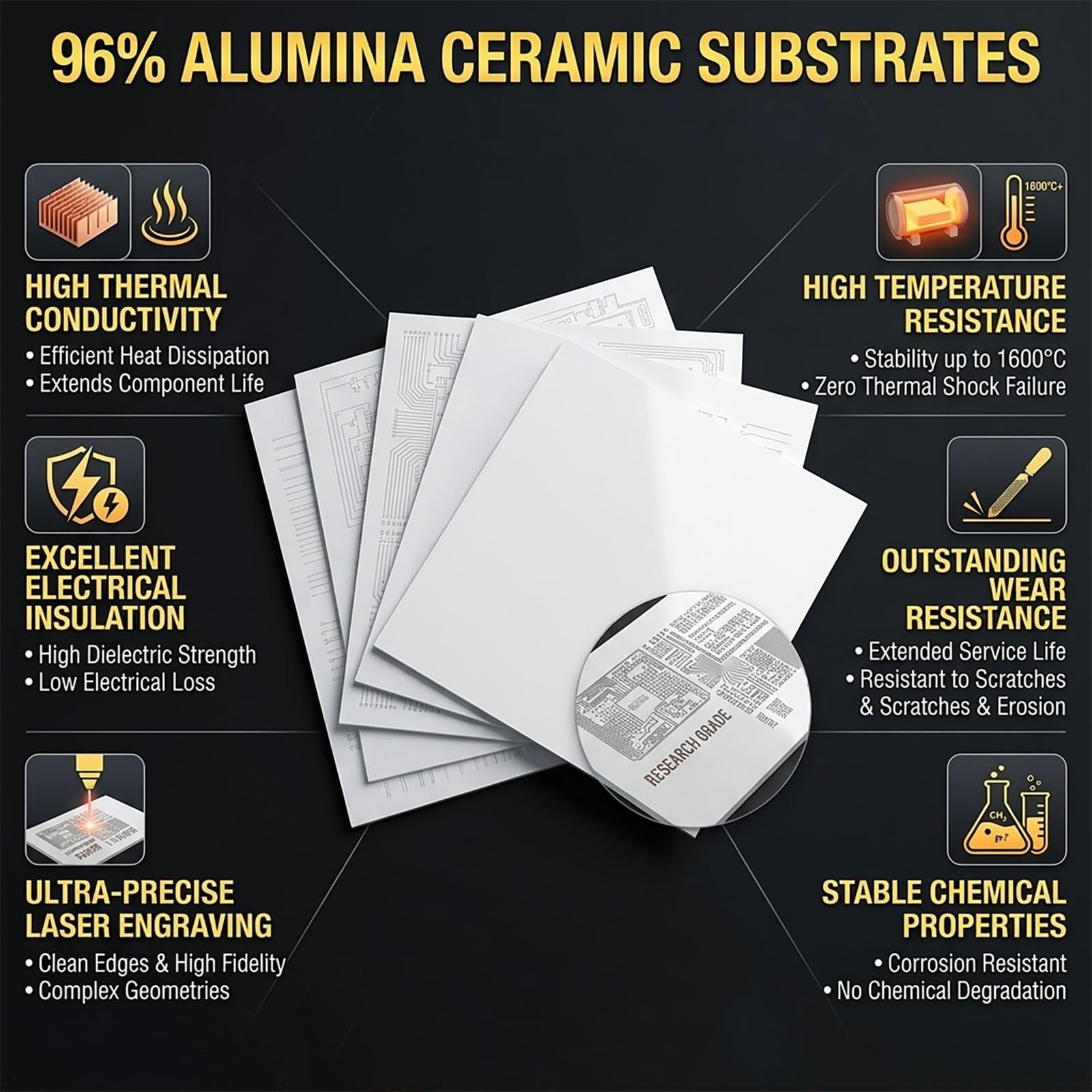 96% Aluminiumoxid-Keramiksubstrat, Extra Große Al2O3-Platte für Leistungsmodule, Hochwärmeleitende Korundplatte für Hochfrequenzgeräte & Optische Systeme,138×190×0.25mm