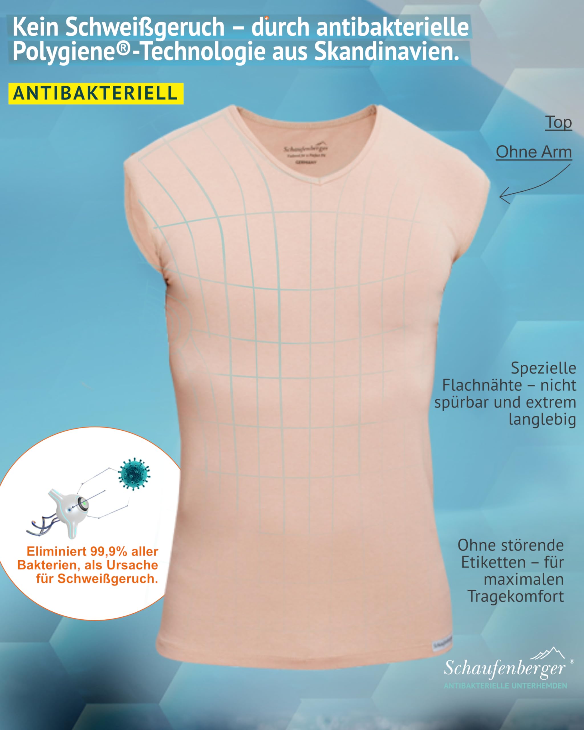 ANTIBAKTERIELL Top UNSICHTBAR Unterhemd ohne Arm - geruchsneutral