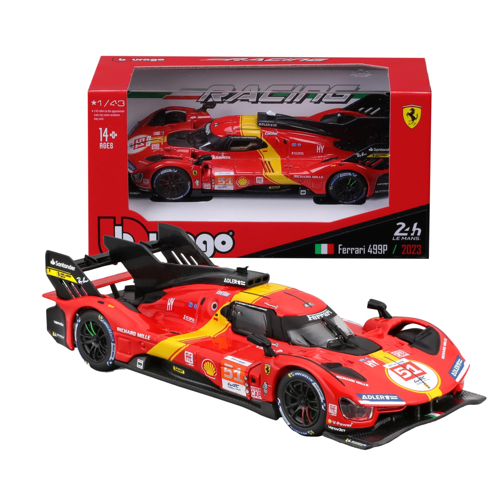 Bburago - Ferrari 499P LMH Nr. 51 - Realistisches Modellauto im Maßstab 1:43, Modell 2023 24H Le Mans Champion, Replica Diecast mit offizieller Ferrari-Lizenz, empfohlenes Alter 14+ Jahre