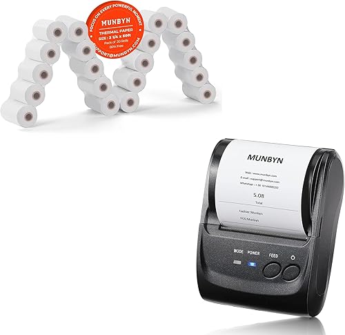 MUNBYN Mini impresora de recibos Bluetooth POS de 2.283 in, impresora térmica portátil inalámbrica de 2.28 pulgadas y papel térmico de 2 14 x 50