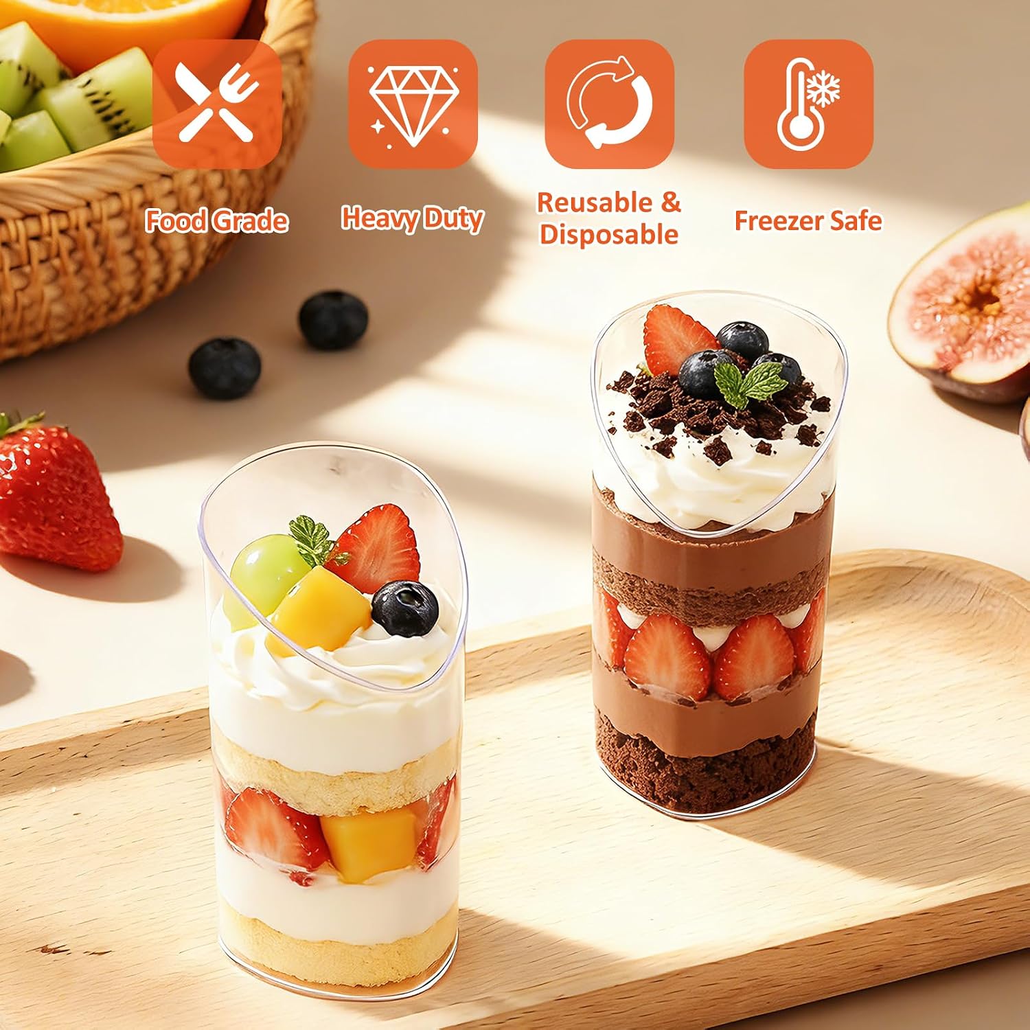 Eupako 3 oz Plastic Dessert Shooter Cups with Spoons - 100 Pack Mini Clear Slanted Appetizer Cup, Small Dessert Cup for Jello Shots, Parfait, Puddings, Mousse image 3