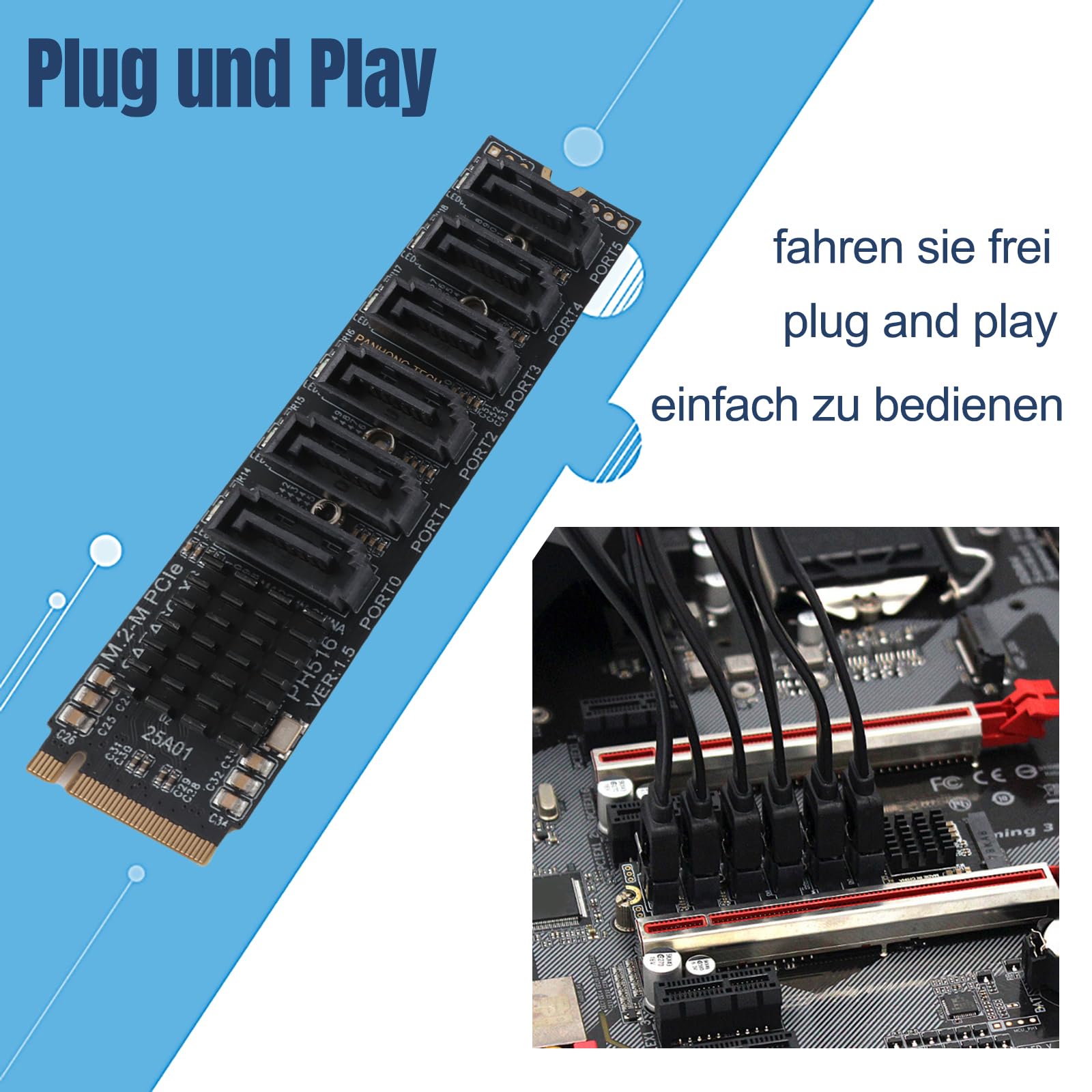 Adattatore M.2 SATA, Scheda di Espansione da M.2 a SATA3.0, 6 Porte SATA 3.0 Scheda Riser Fino a 16Gbps, Scheda Convertitore Disco Rigido di Espansione Disco Rigido a 6 Porte per,