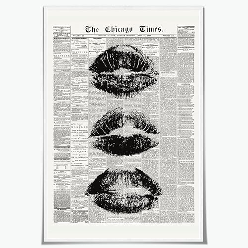 Arte de pared de labios modernos, pósteres de beso de periódico vintage en blanco y negro, impresiones en lienzo retro, arte Funky Girly Preppy