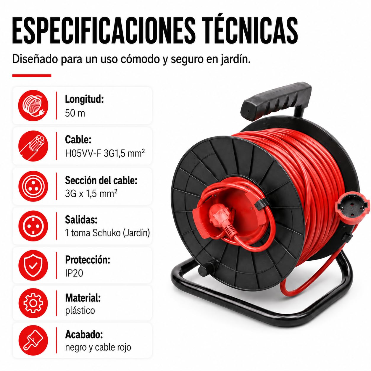 Silver Electronics Enrollacables Jardín IP20 50m 3x1,5mm Negro-Rojo