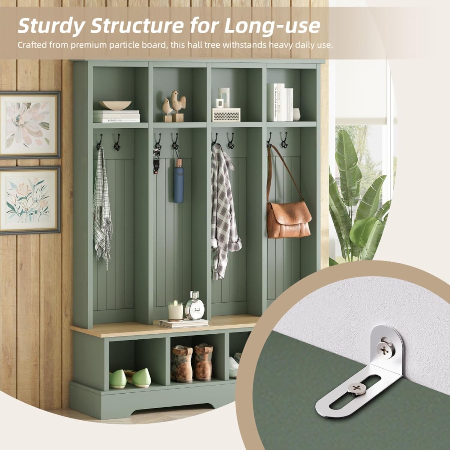 Farmhouse 59" W Wide Hall Tree with 8 Hooks, Practical Entryway Bench with Open Compartments, 76.7" H Modern 3-in-1 Wooden Style Coat and Shoe Rack for Mudroom, Living Room (Green)