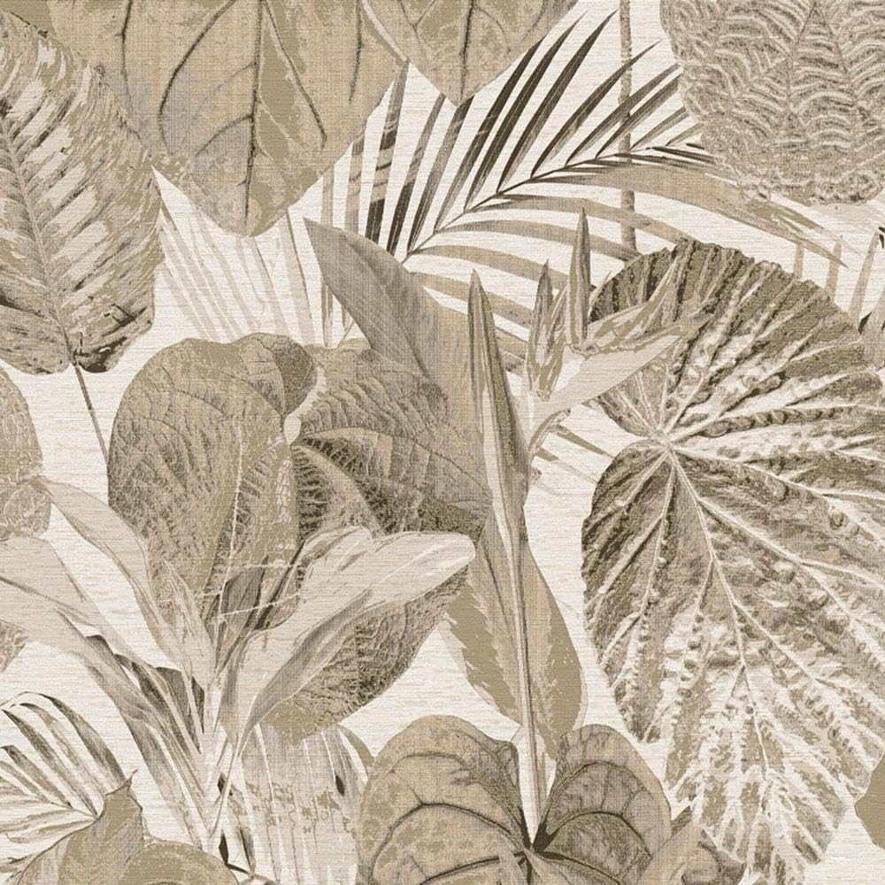 Botanical Garden Leaves Taupe Wallpaper - Metallic Effect Textured Naturistic Contemporary Modern - Paste The Wall Vinyl