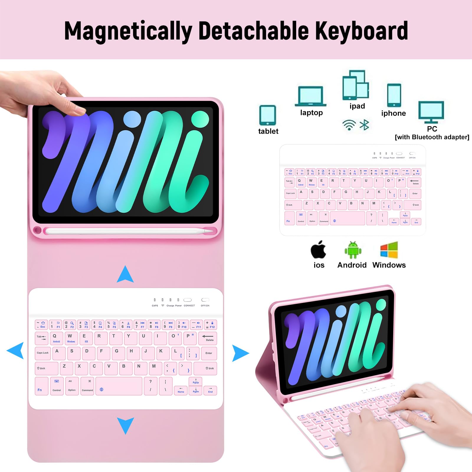 Étui Avec Clavier Bluetooth Pour IPad Mini 7 (2024) / IPad Mini 6 - Clavier Amovible Magnétique - Porte-crayon Intégré - Rose - 14