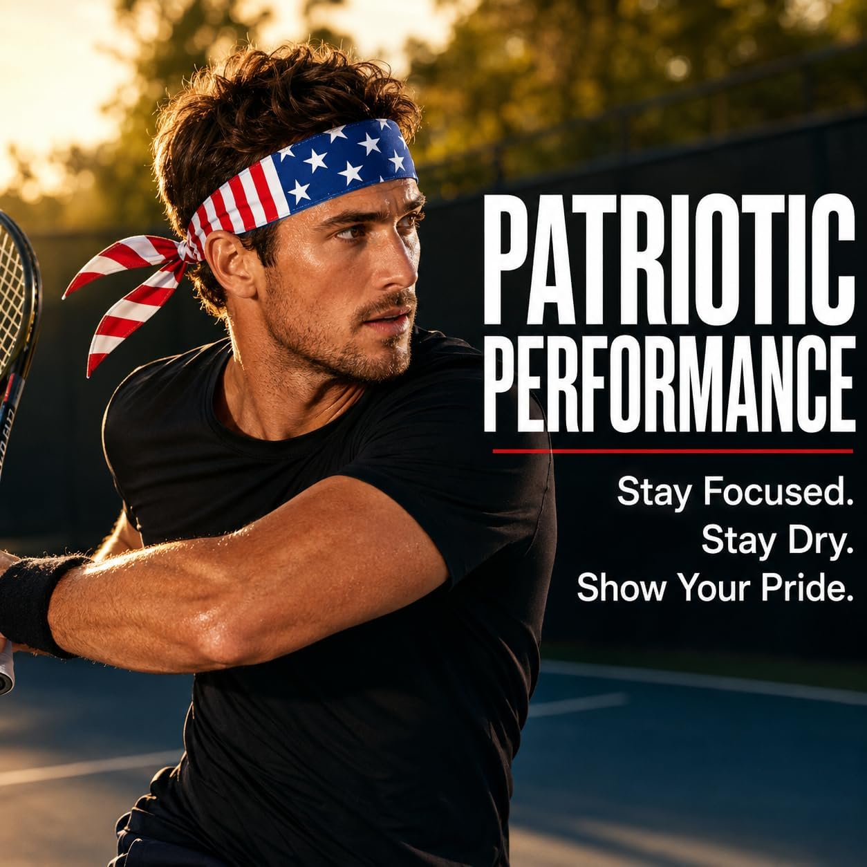 American Flag Headband, Tie Back Sports Headband for Running Tennis Workout