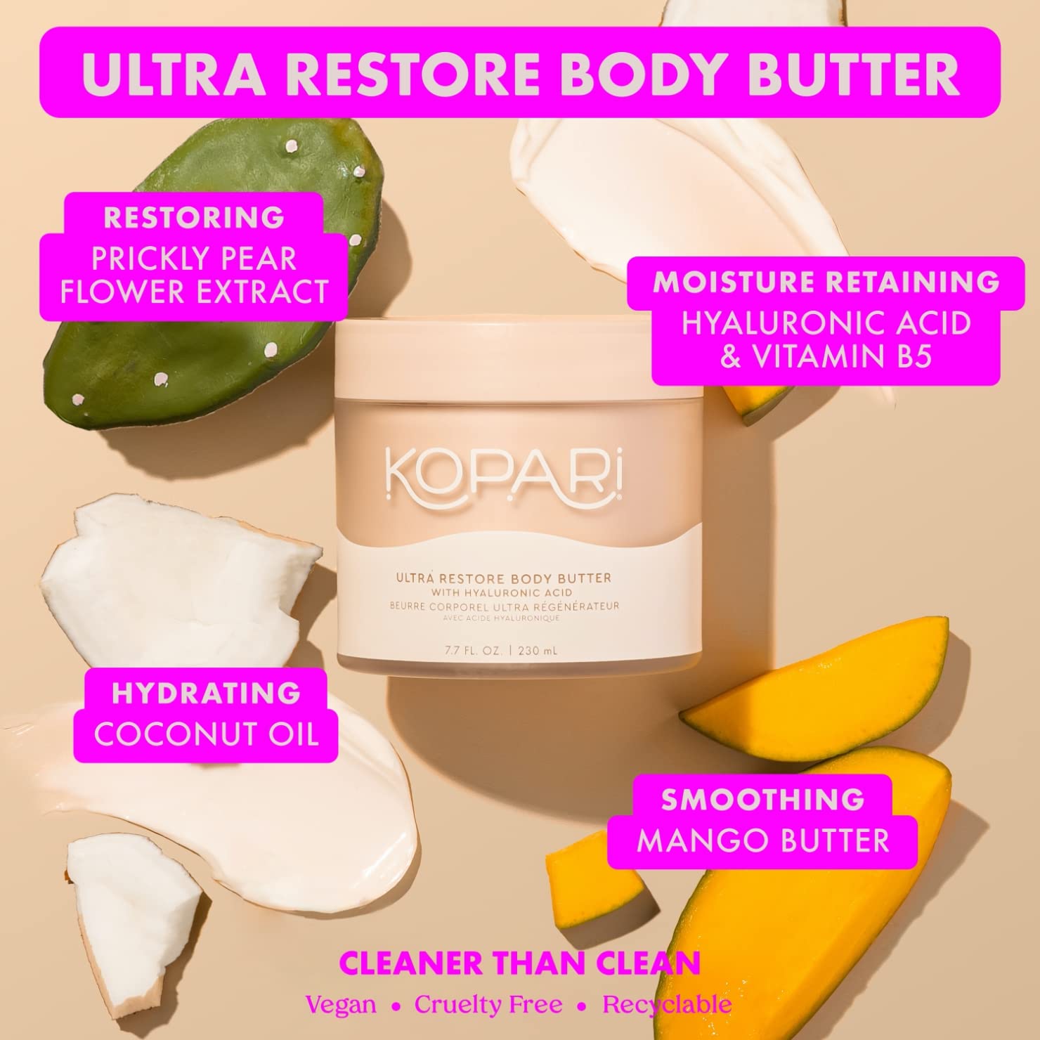 Kopari Ultra Restore Body Butter with Hyaluronic Acid, Vitamin B5 and Coconut Oil for Long-Lasting Hydration | Silky Smooth Moisturizing Body Lotion for Dry Skin | Vegan and Cruelty-Free | 7.7 oz : Beauty & Personal Care