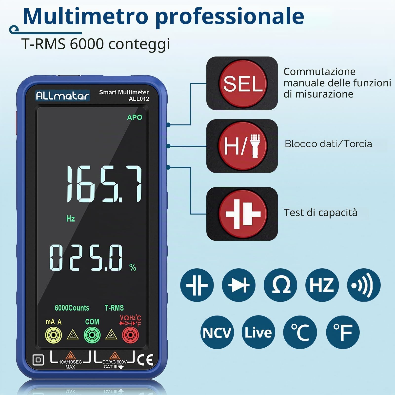 Smart Multimetro a 6000 Conteggi con TRMS, NCV e USB Ricaricabile | Tester Digitale Professionale con Schermo a Colori, Misura Tensione Corrente Capacità Resistenza per Elettricisti e Fai-da-Te