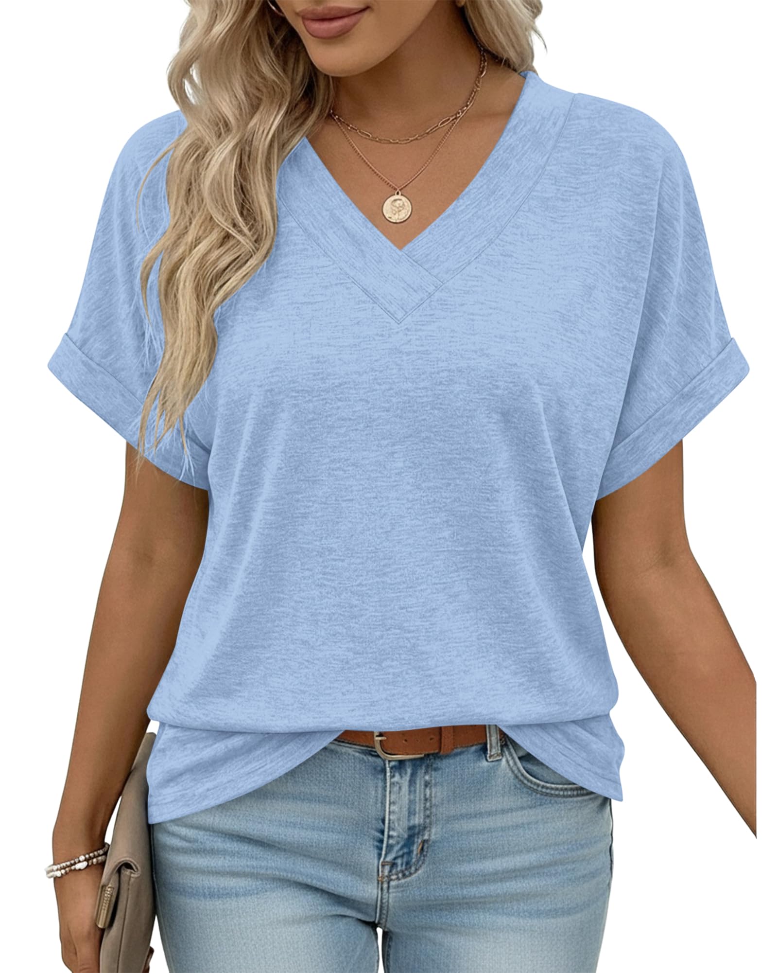 PLOKNRD Damen Lockere Passform V-Ausschnitt T-Shirt mit Rollärmeln Sommer Casual Tops Kurzarm Oberteile
