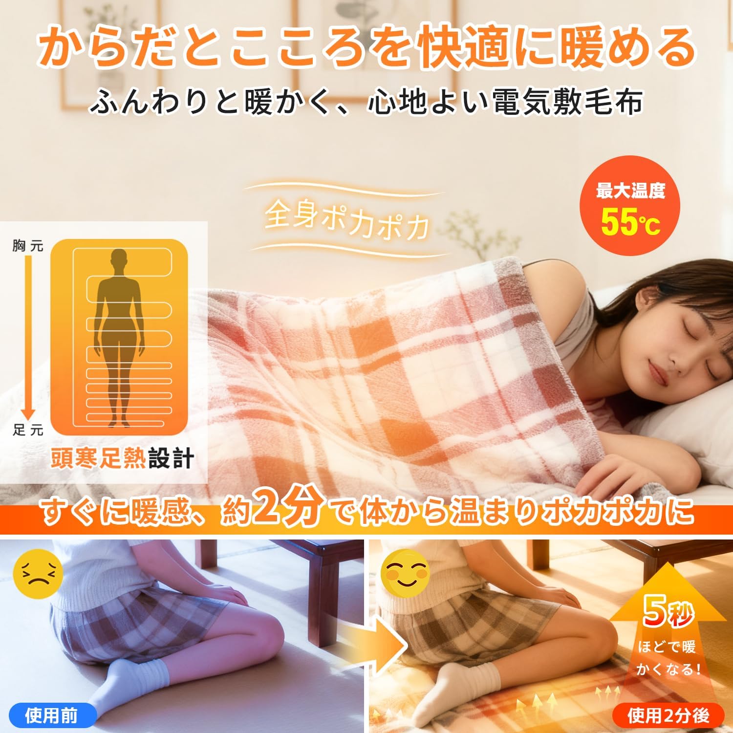 【2025最新進化】電気毛布 敷き 掛け敷き兼用【5秒速暖！】電気ひざ掛け 洗える洗濯可能 150*80cm 節電 電気しき毛布 省
