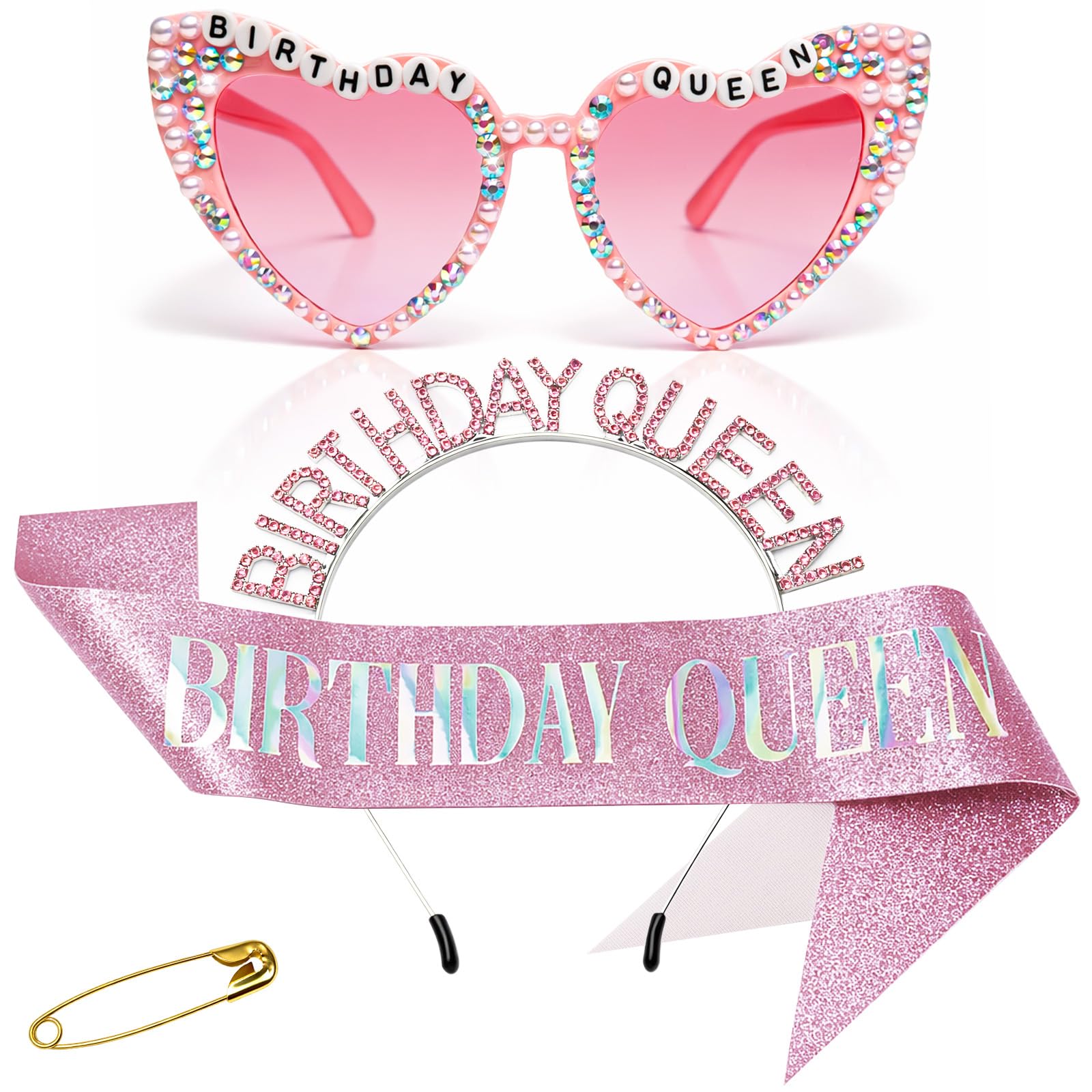 Hokoad 3 pcs Birthday Crown Sash Glasses Set, Rhinestone Birthday Girl Headband Tiara Glitter Birthdays Sash for Women Birthdays Queen Accessories Kit for Girl Women (Birthday Queen Pink)