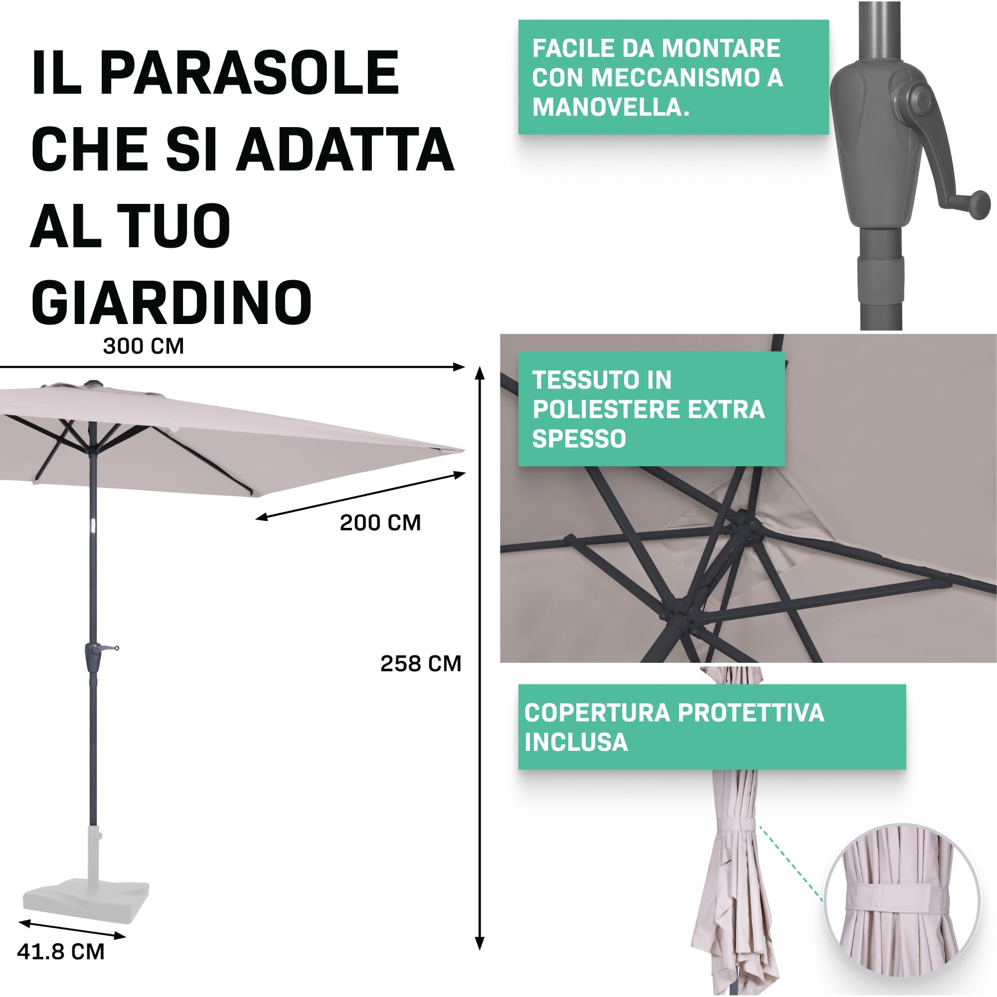 VONROC Ombrellone da giardino Rapallo 200x300 cm con Inclinazione Regolabile, UPF 50+, Manovella Facile e Copertura Protettiva Inclusa Nero