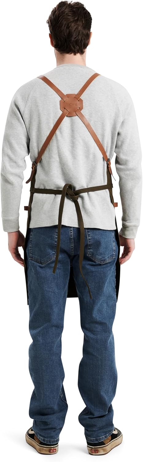 Theodore Waxed Canvas Work Apron - Cross Back with Leather Straps, 14oz Heavy Duty Canvas, Multi-Pocket Utility