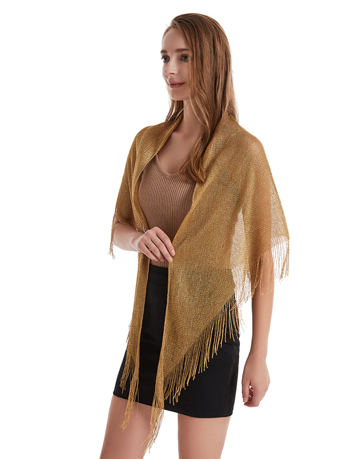 Châle Triangle Multifonctionnel Femme 190x60cm | Etole Métallique Echarpe avec Frange Brillant pour Mariage Bal Cocktail
