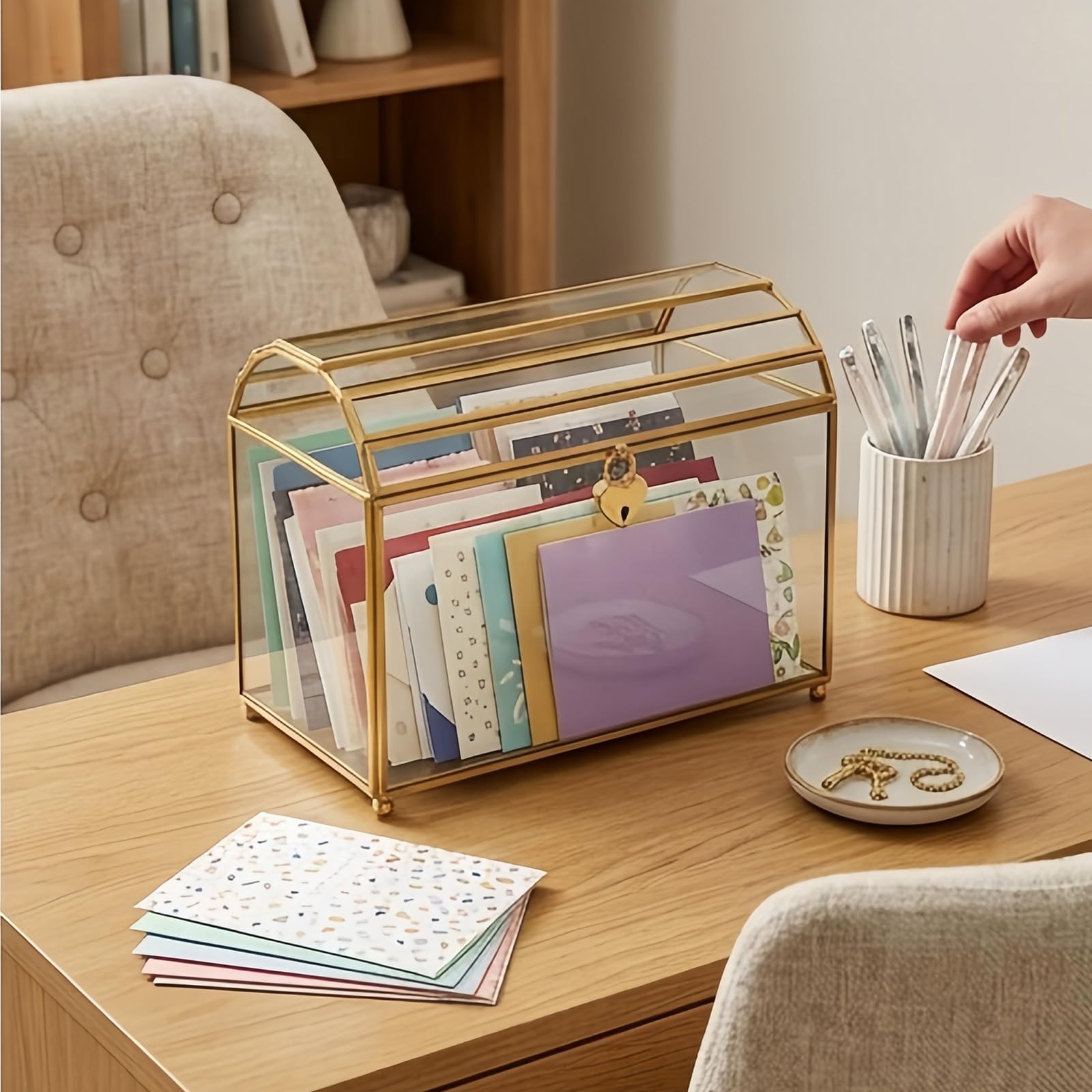 Karten-Aufbewahrungsbox, abschließbare Glas-Aufbewahrungsbox für klare Brief-Organisation auf dem Heimschreibtisch, abschließbare Speicherbox