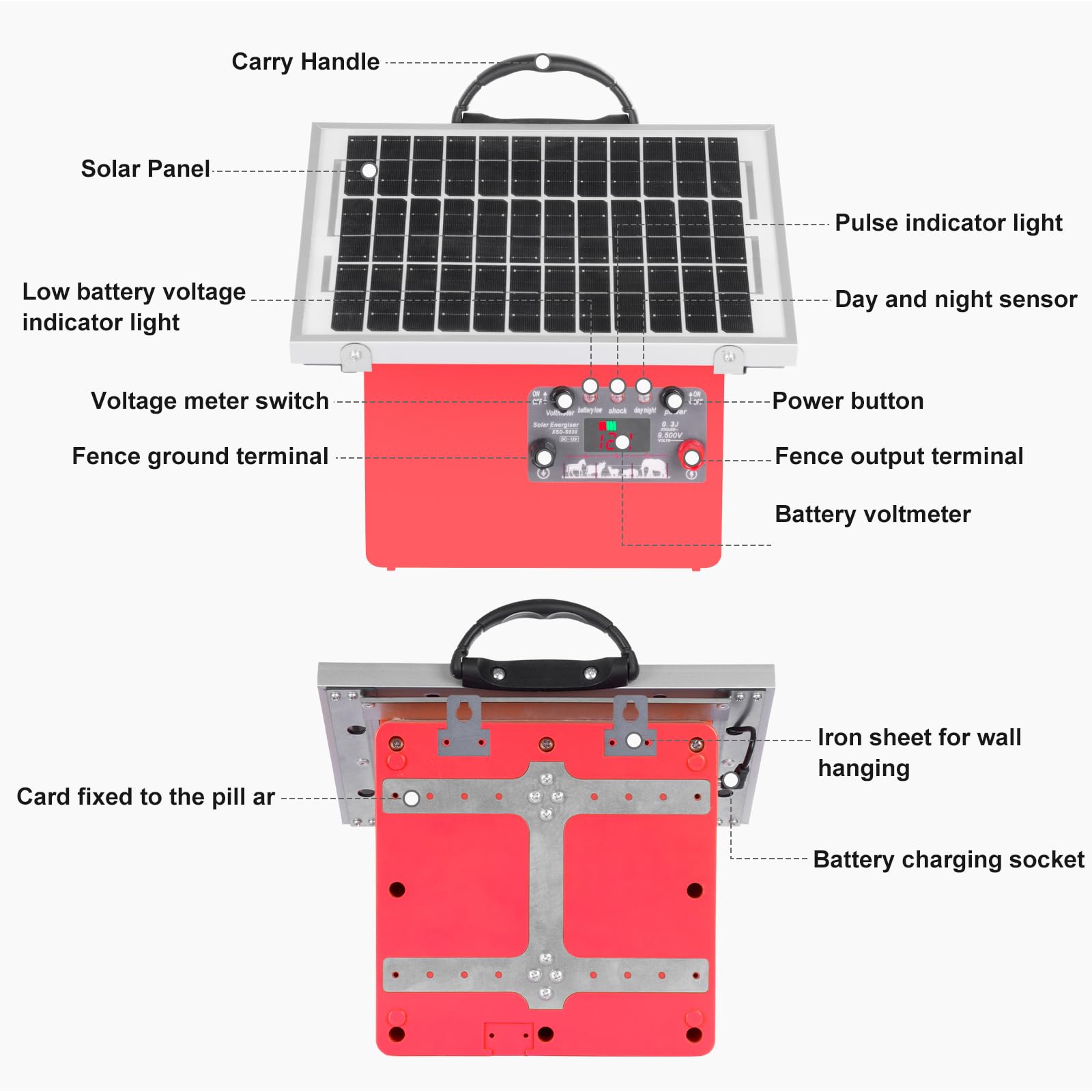 32 KM - Valla eléctrica con batería, 9,5 kV, controlador eléctrico para caballos, 0,5 J, valla eléctrica para la cría de animales de pastor, para granja, pasto, jardín (rojo)