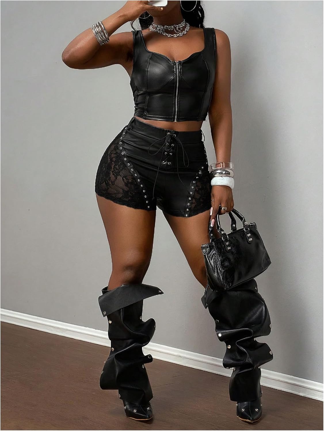 SHENHE Women's Plus Size Y2K Studded Lace Up Leather Shorts Sheer Lace Sexy Hot Pants Clubwear - Image 5