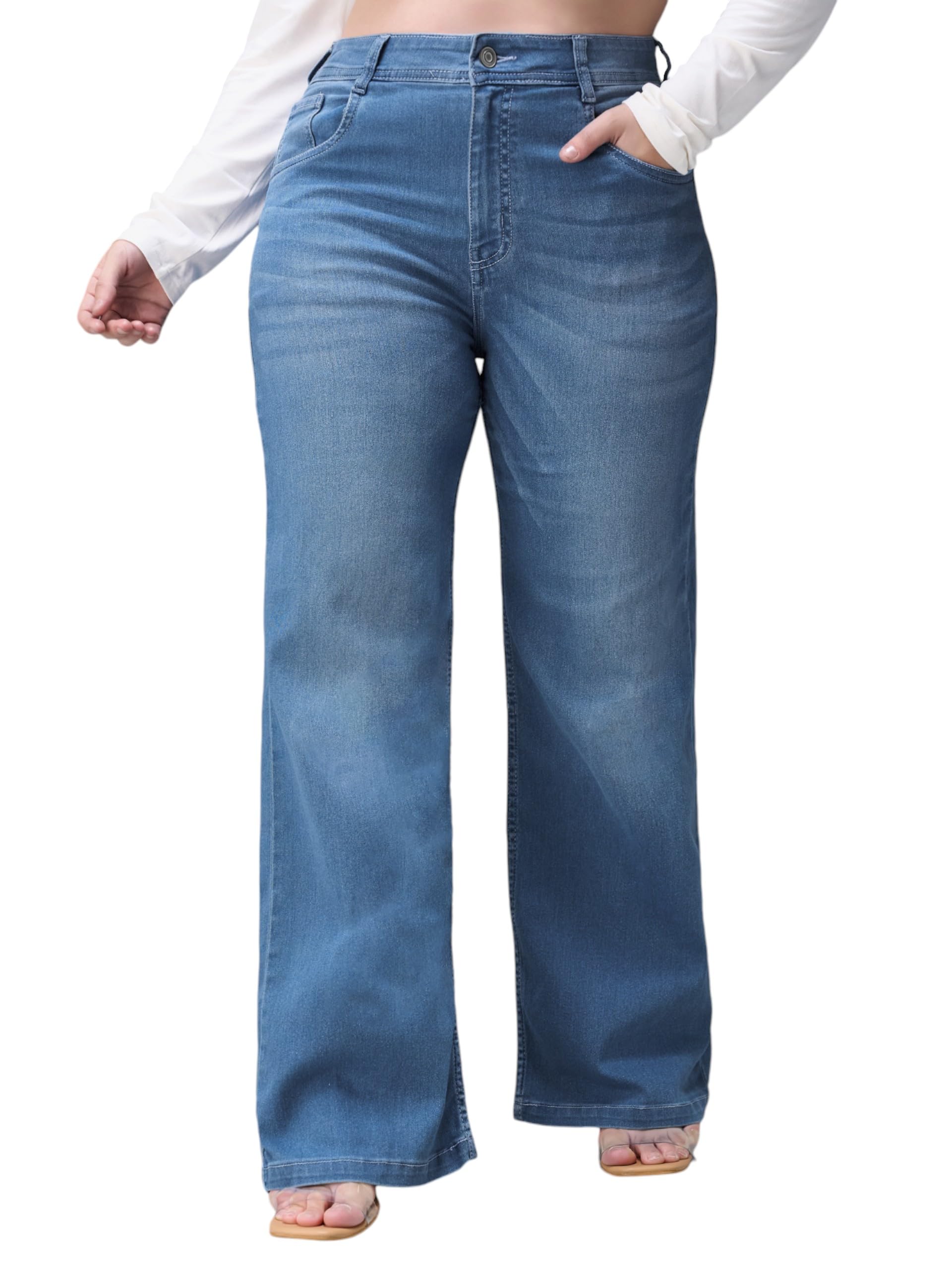 miss chase a+ Women's Wide-Leg Mid Rise Regular Length Blast Effect Denim Jeans-picture-34