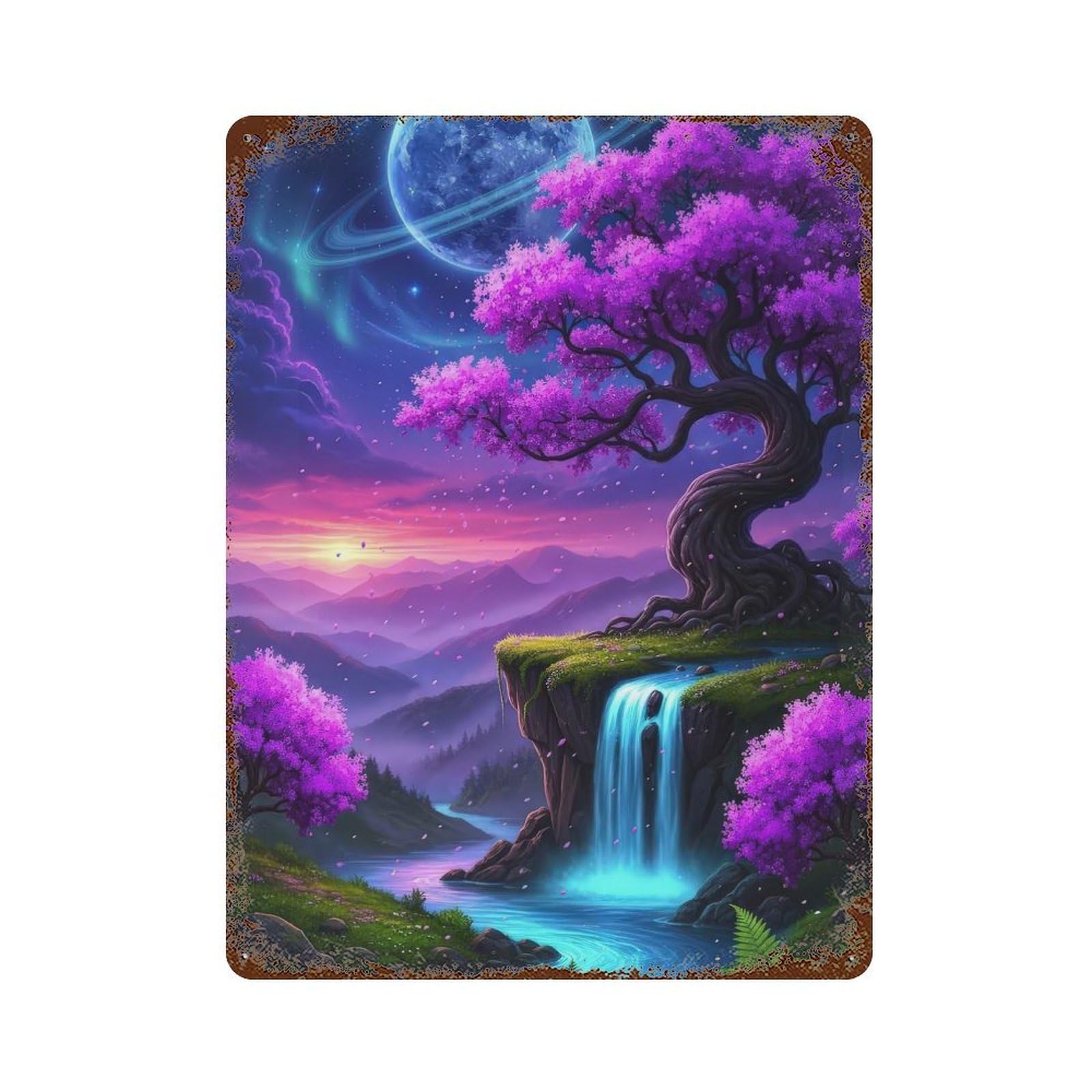 Rust Effect Fantasy Landscape with Waterfall And Moon Rusty Metal Tin Sign 15.7"x11.8", Farmhouse Wall Decor for Cafe, Home Bar And Lounge Decor