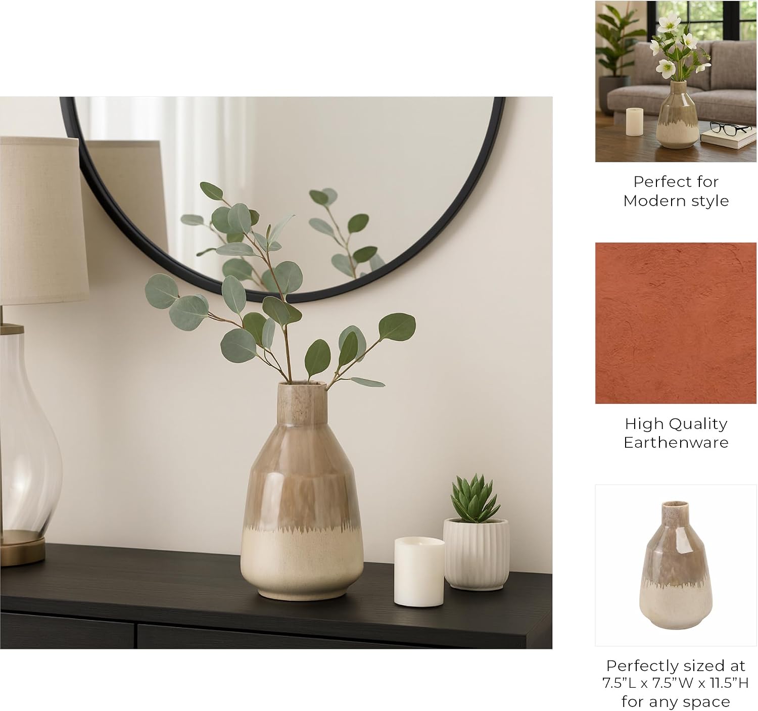 Ceramic Flower Vase for Living Room – Decorative Home and Office Decor with Artistic Drip Glaze for Pampas Grass or Fresh Flowers – The Vase that Completes Your Bedroom, Shelf, and Table – 12" Brown