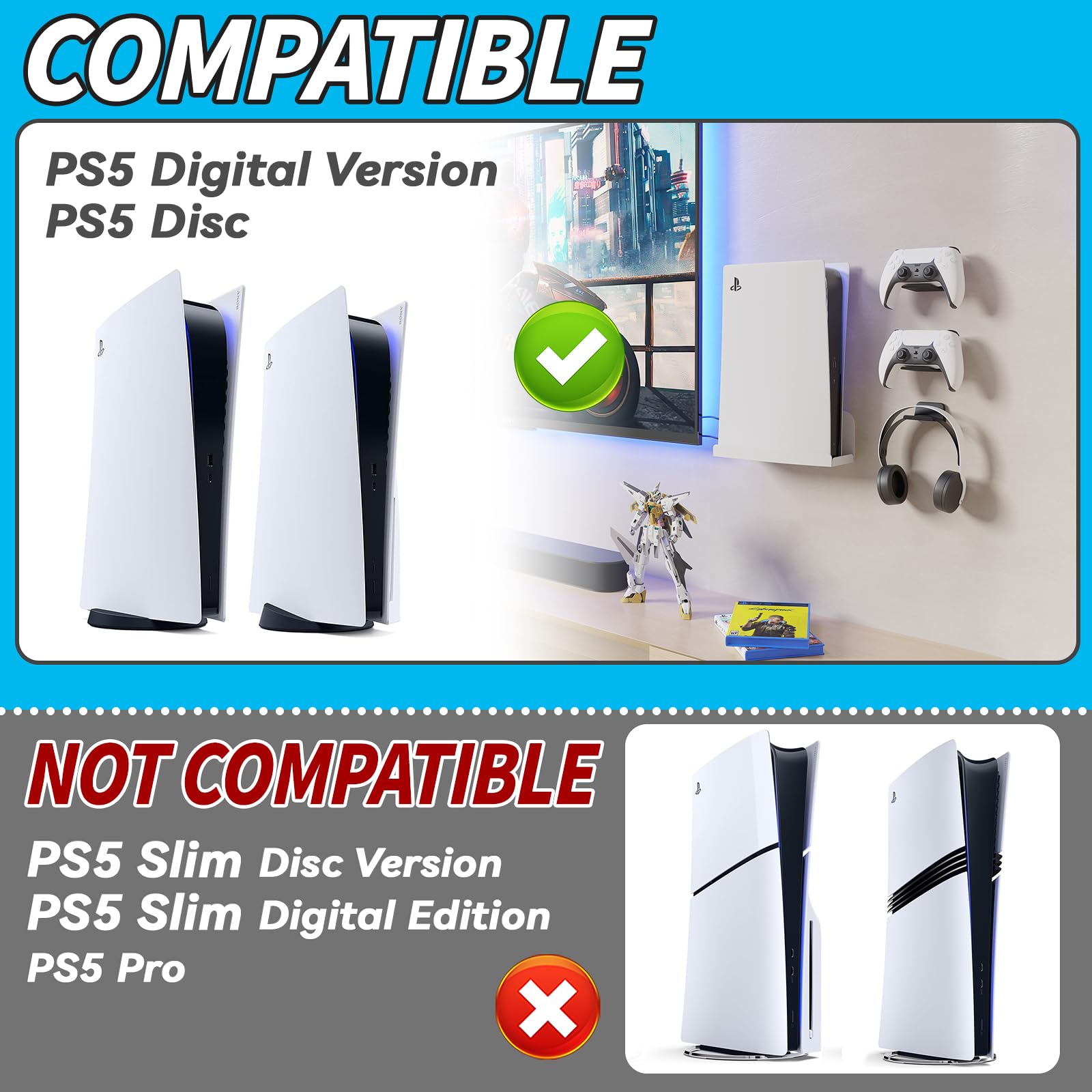sciuU Support Mural Compatible avec PS5 Standard Disc/Digital Console | Compatible avec Playstation 5 Standard Disque/ Numérique Édition - Métalliques Accessoires Support Vertical