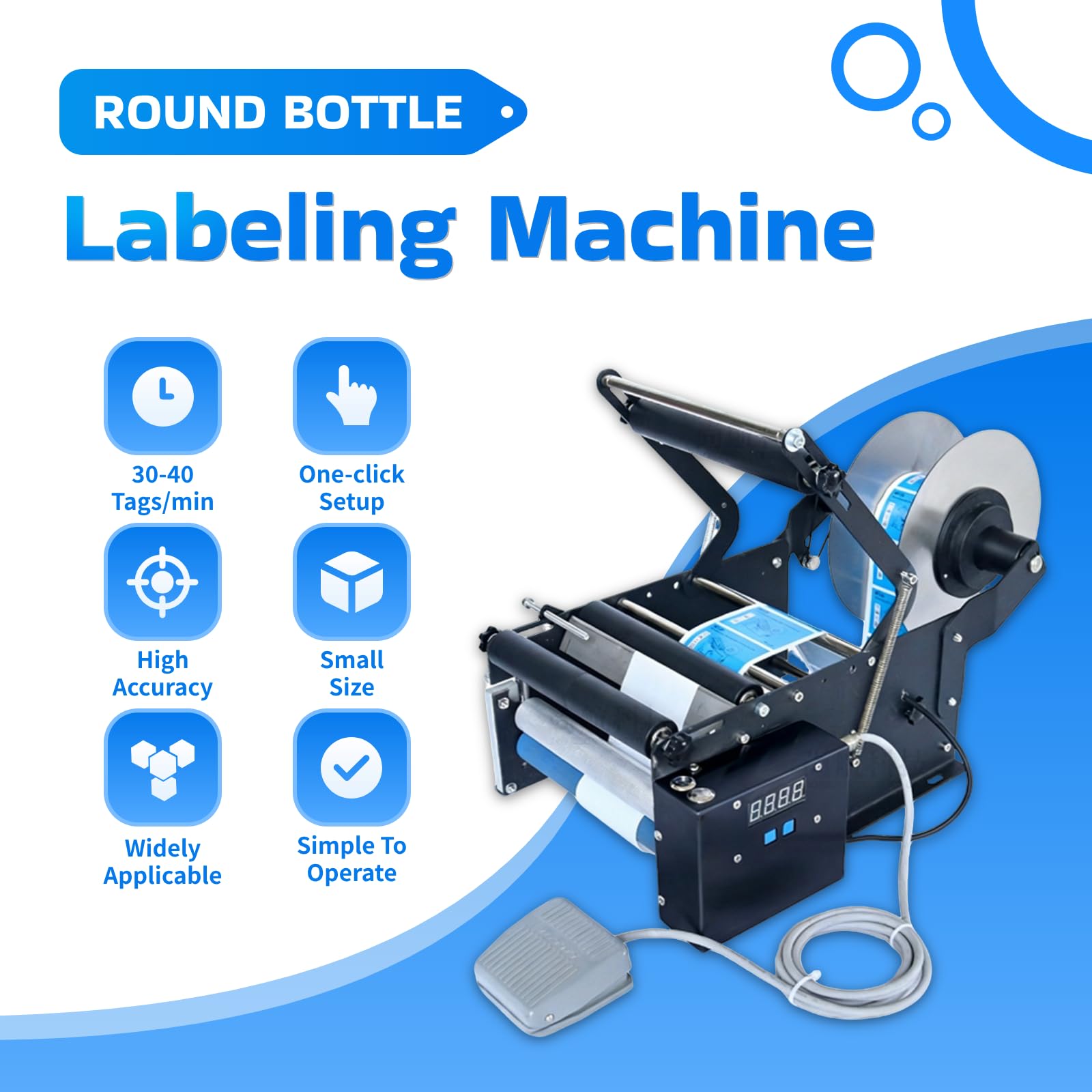 Macchina Etichettatrice per Bottiglie, 30-40 Etichette/Min, Alta Precisione, Nucleo Interno 75mm, Rullo Esterno 145mm, per Bottiglie d'Acqua, Bottiglie di Shampoo Standardmodel-220V